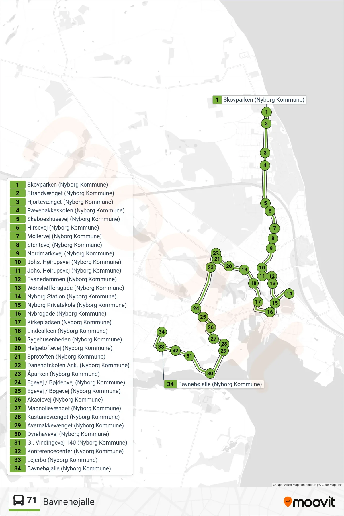 71 bus Linje (Bavnehøjalle) rute og stop på et kort