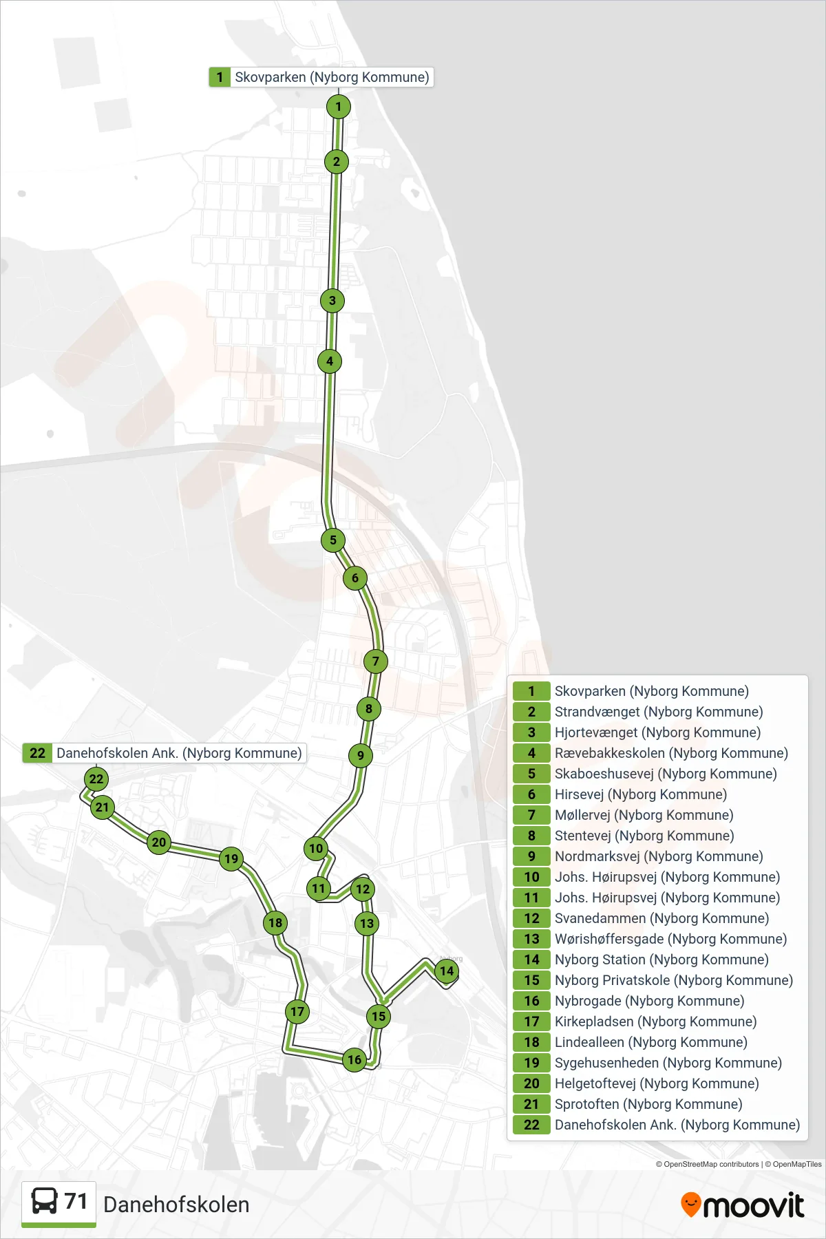 71 bus Linje (Danehofskolen) rute og stop på et kort