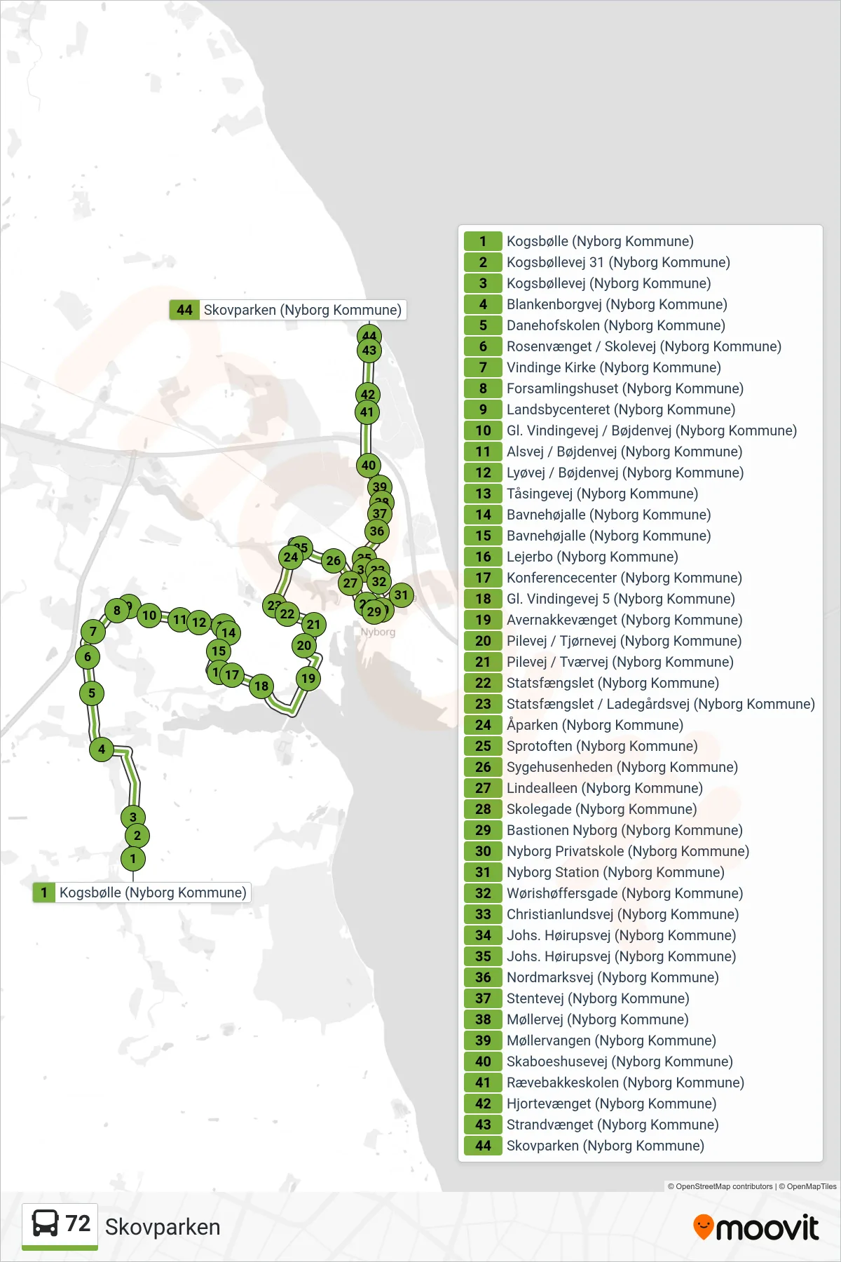 72 bus Linje (Skovparken) rute og stop på et kort