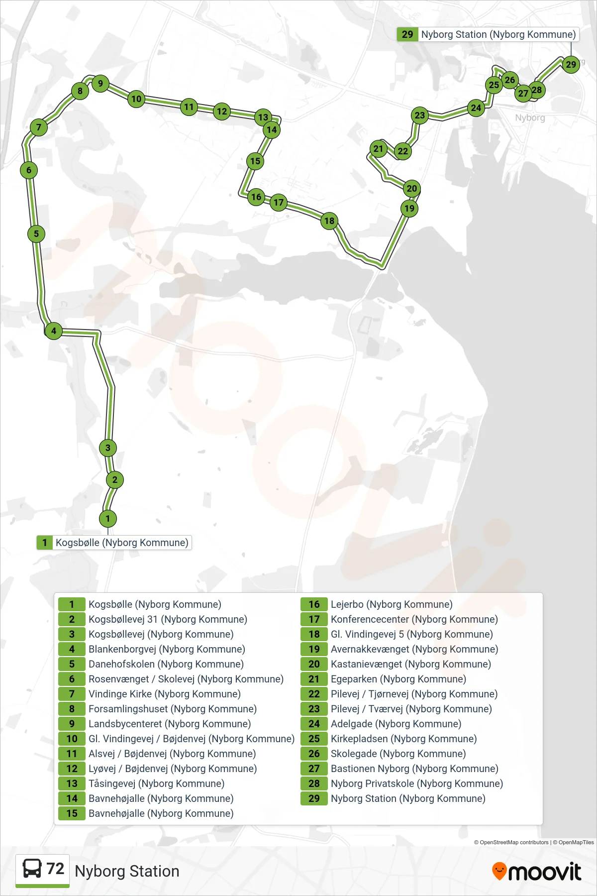 72 bus Linje (Nyborg Station) rute og stop på et kort