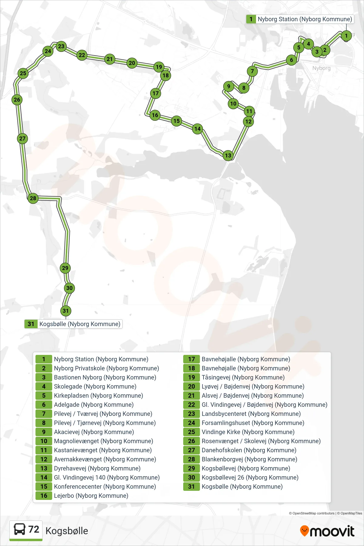 72 bus Line (Kogsbølle) route and stops on a map