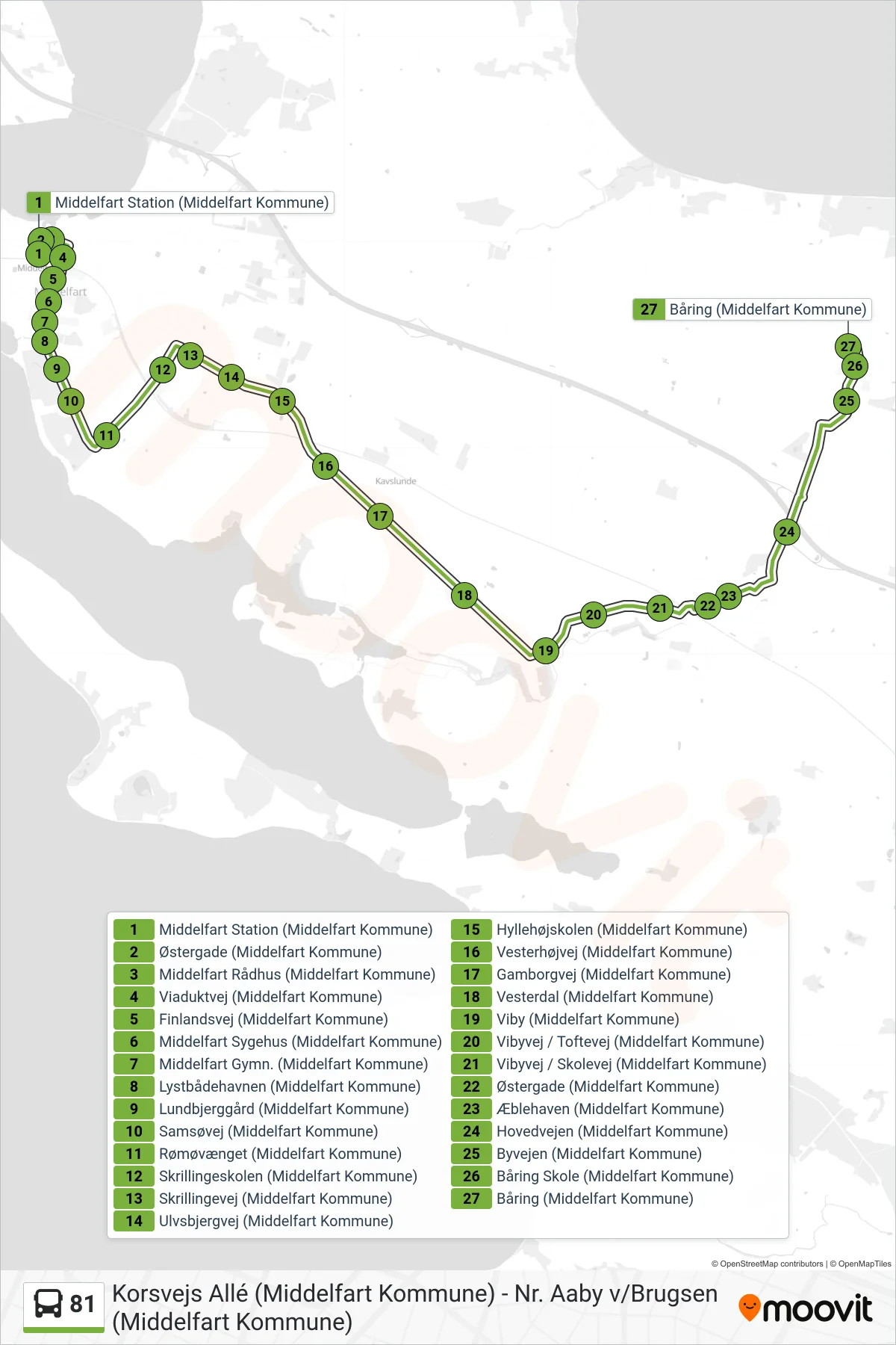 81 bus Linje (Båring) rute og stop på et kort