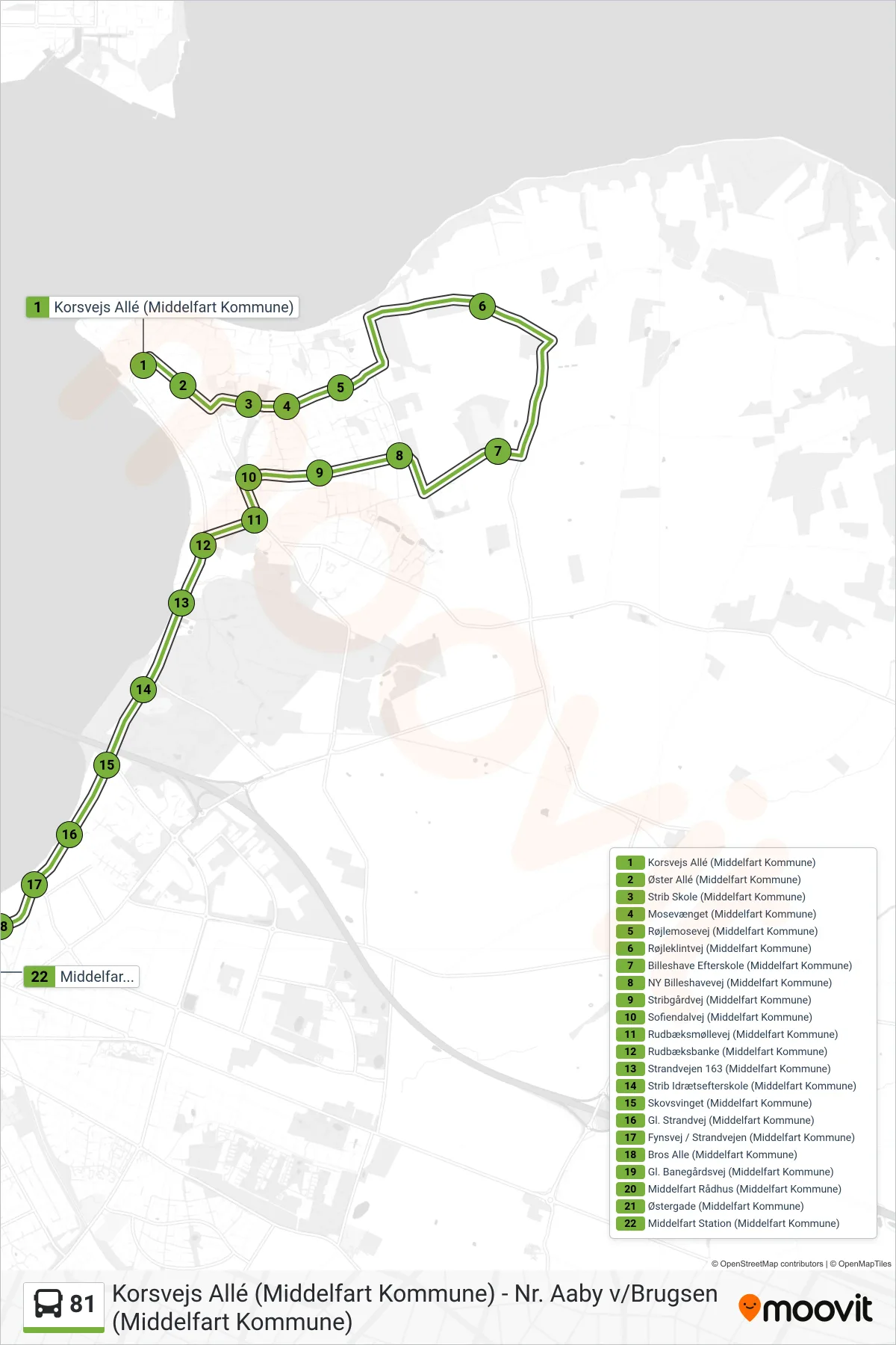 81 bus Linje (Middelfart) rute og stop på et kort