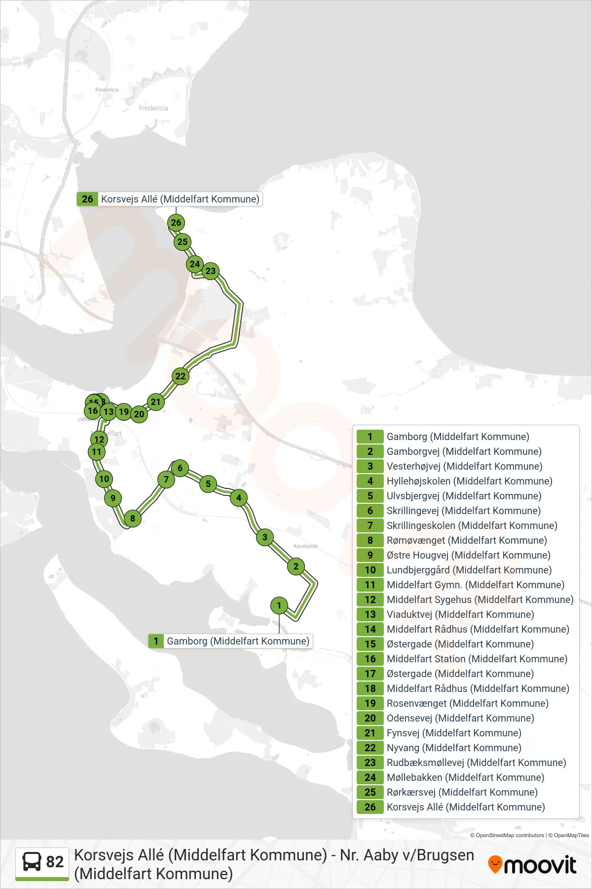 82 bus Linje (Strib) rute og stop på et kort