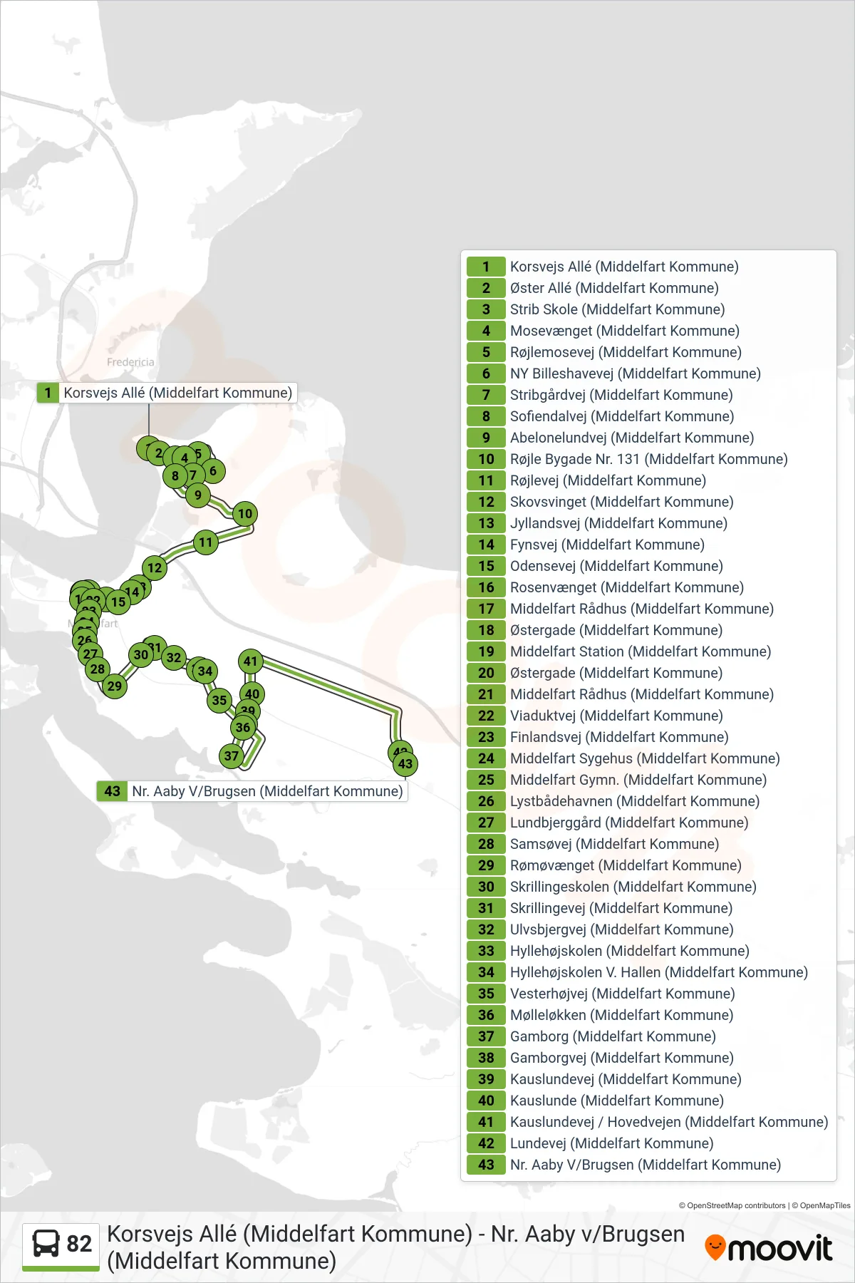 82 bus Linje (Kauslunde - Nørre Aaby) rute og stop på et kort