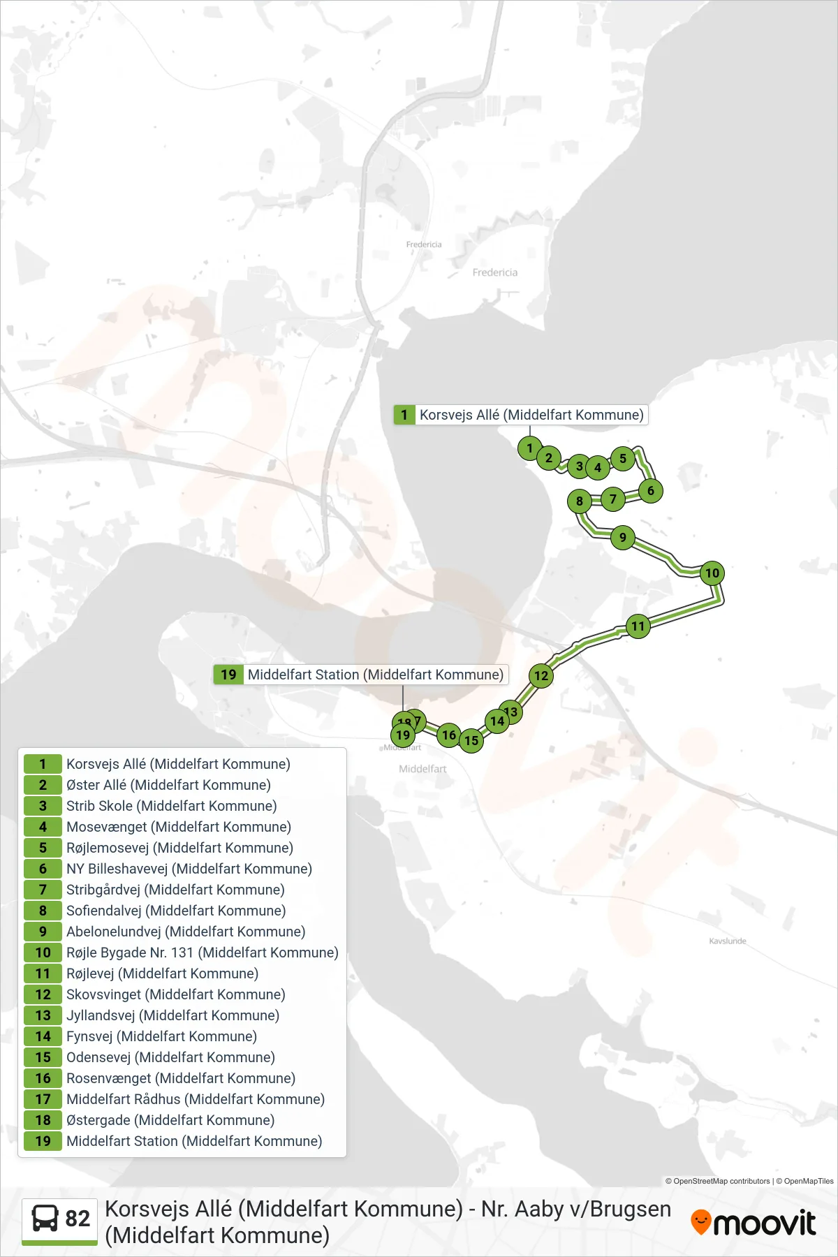 82 bus Linje (Middelfart Station) rute og stop på et kort