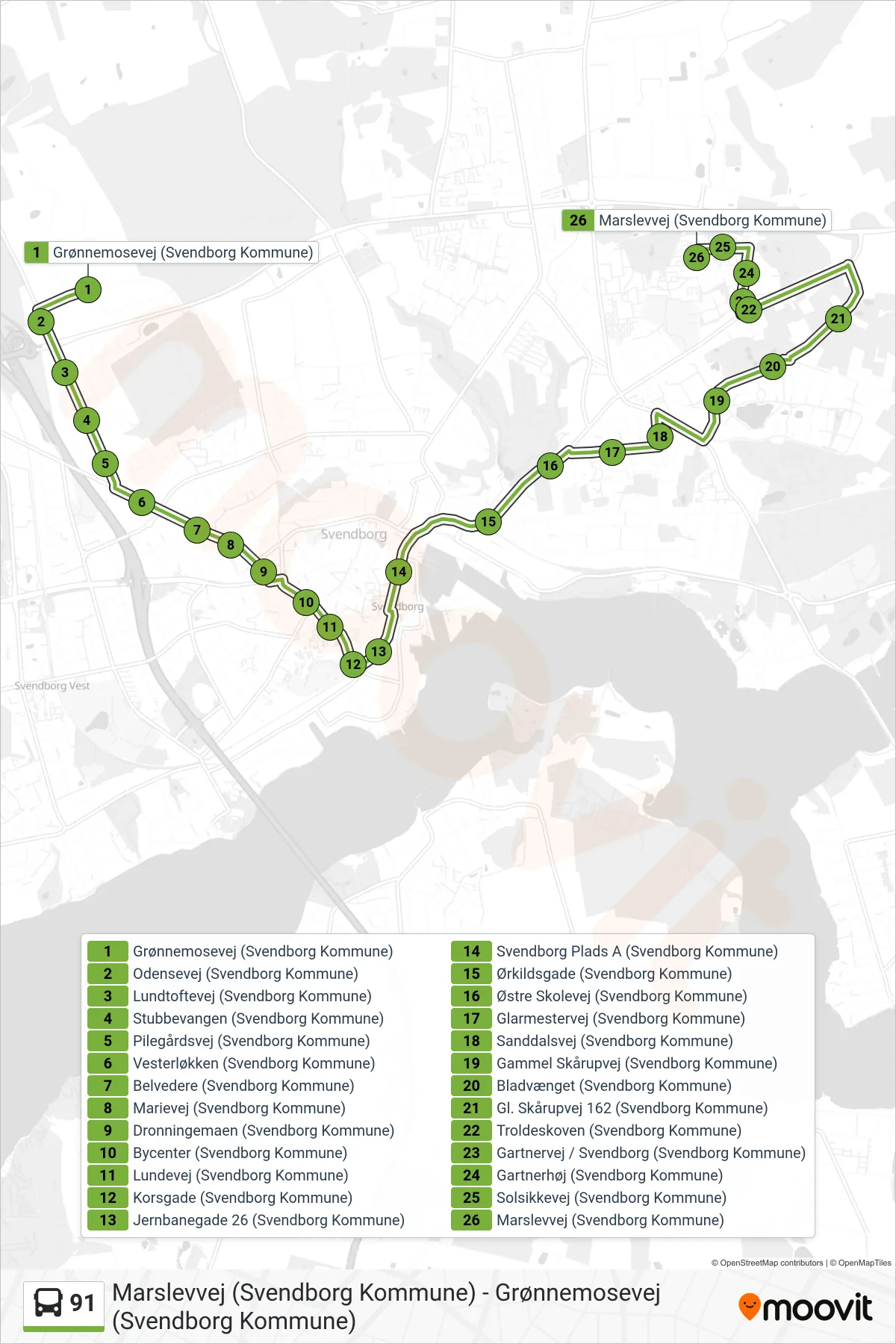 91 bus Linje (Marslevvej) rute og stop på et kort