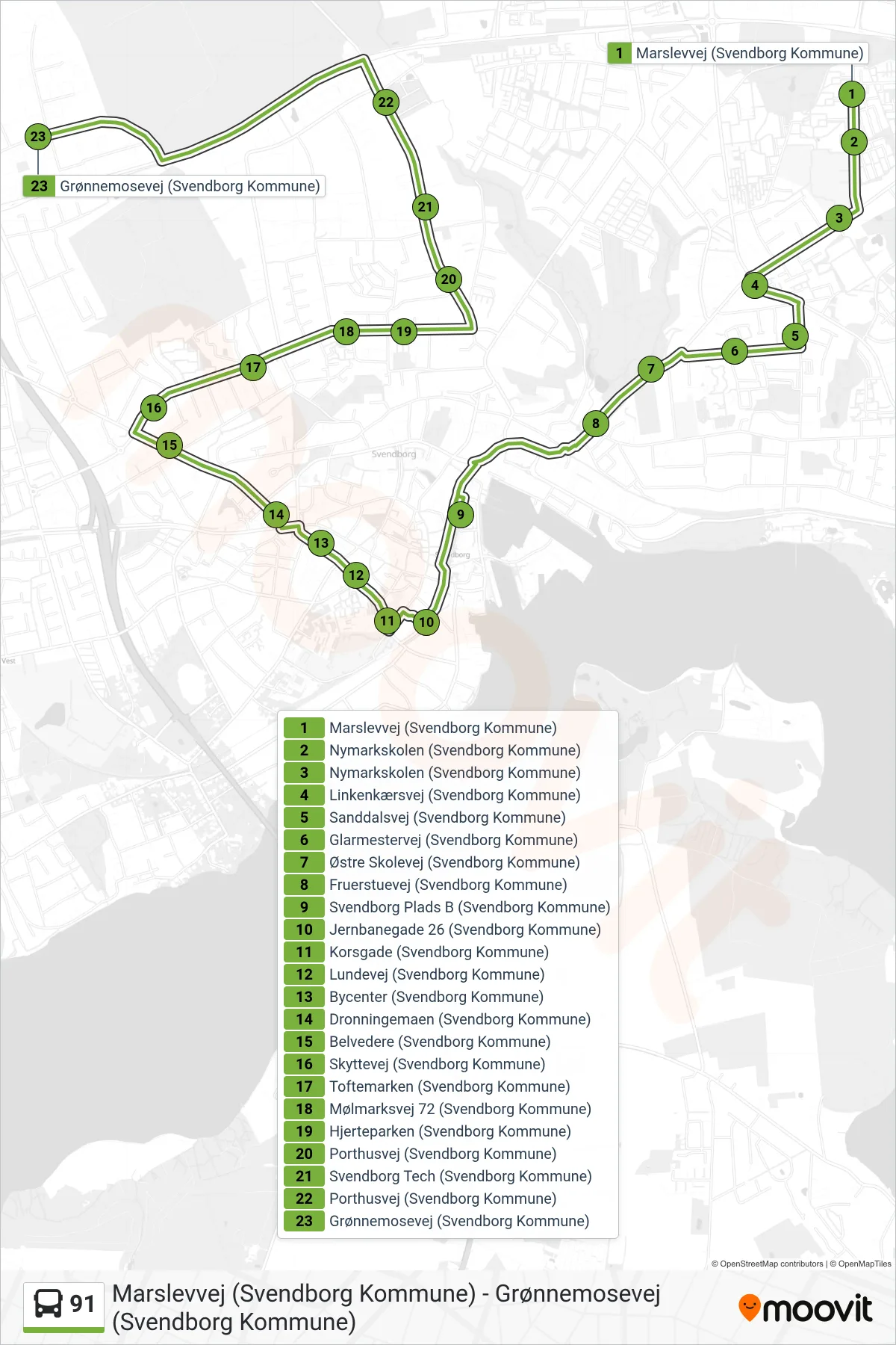91 bus Linje (Grønnemosevej) rute og stop på et kort