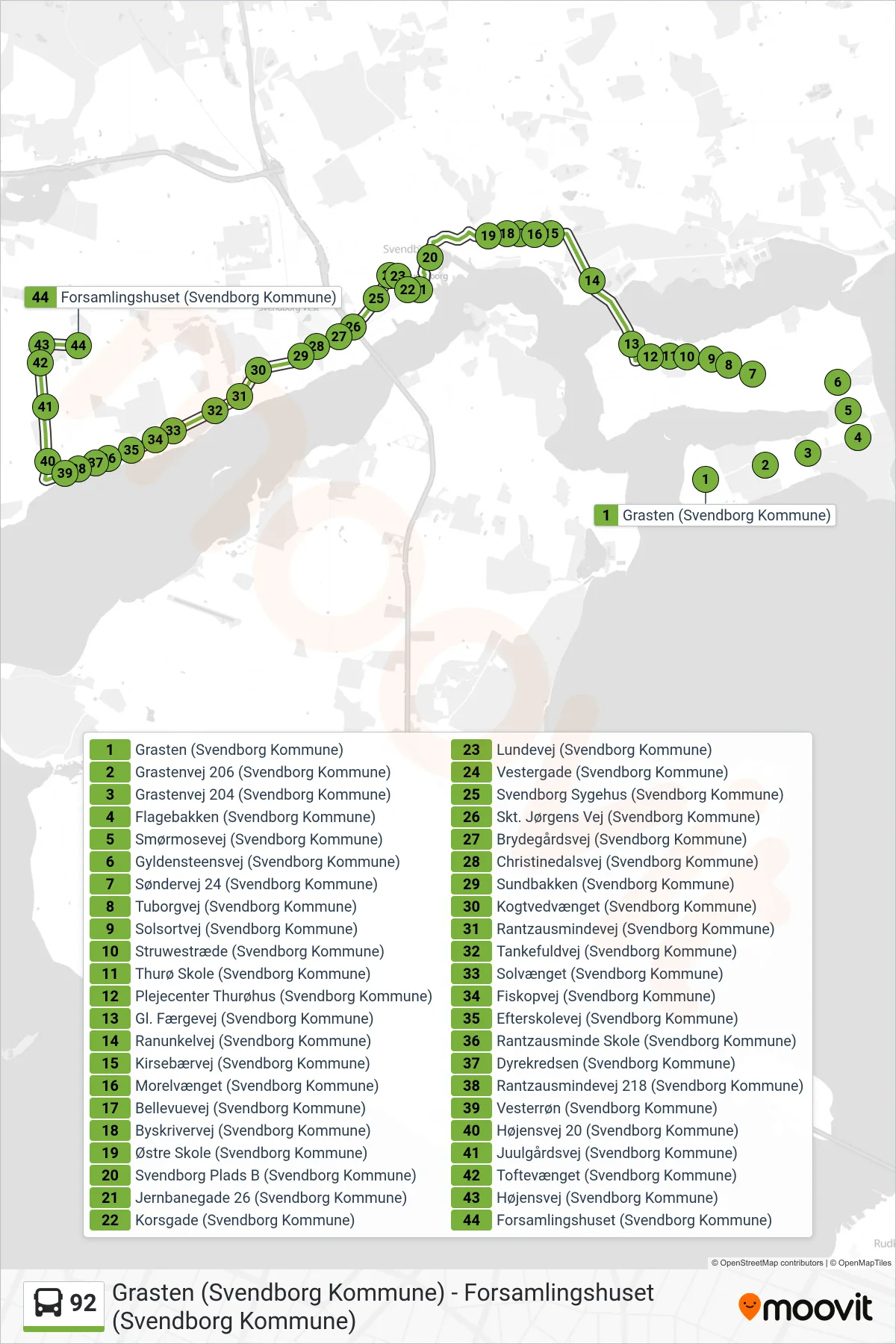 92 bus Linje (Egense) rute og stop på et kort