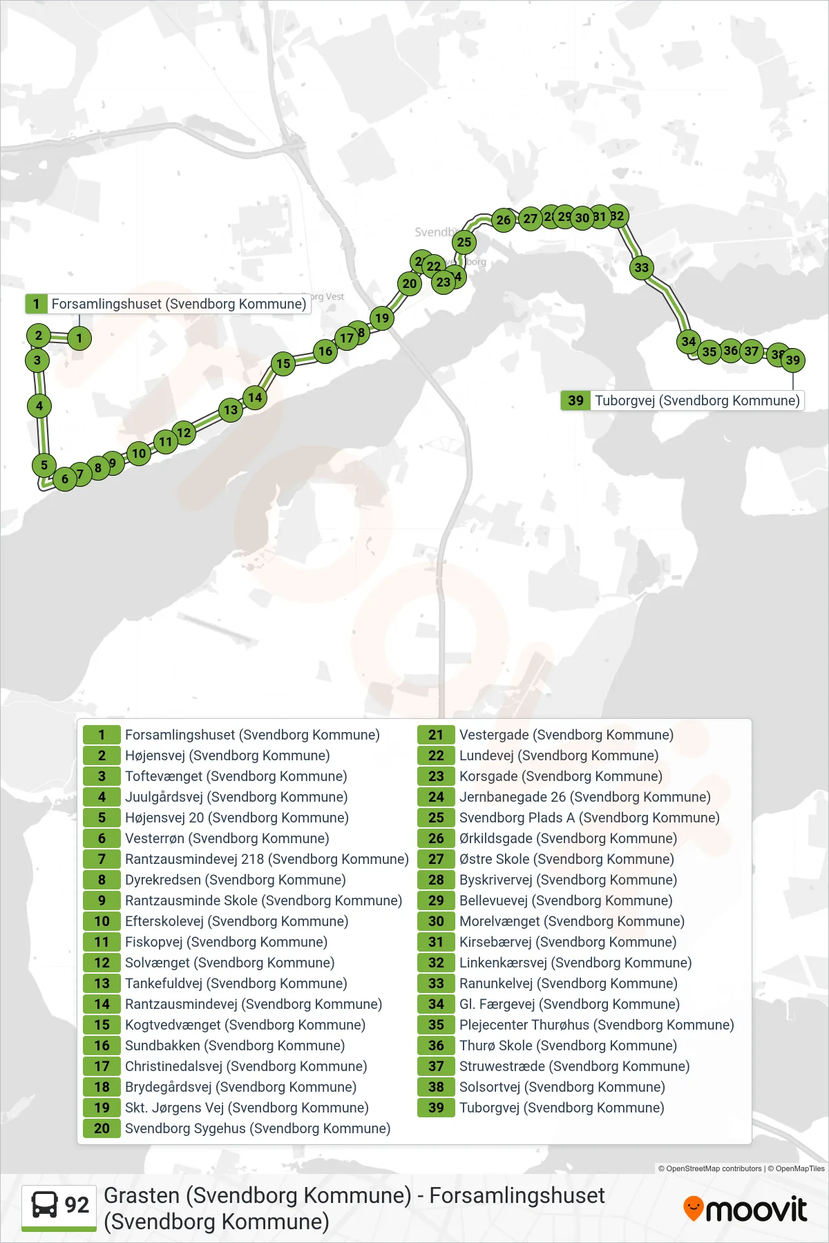 92 bus Linje (Tuborgvej) rute og stop på et kort