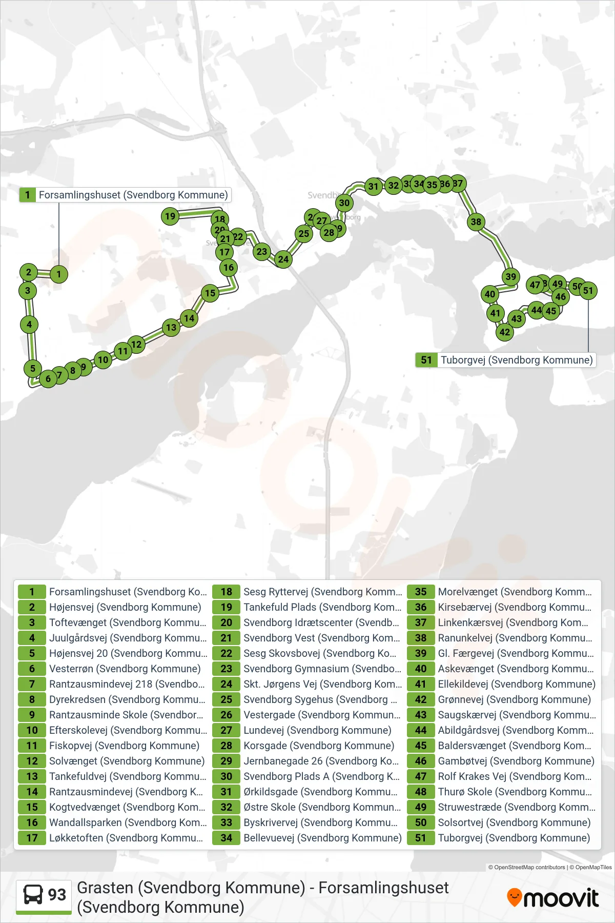 93 bus Linje (Tuborgvej) rute og stop på et kort