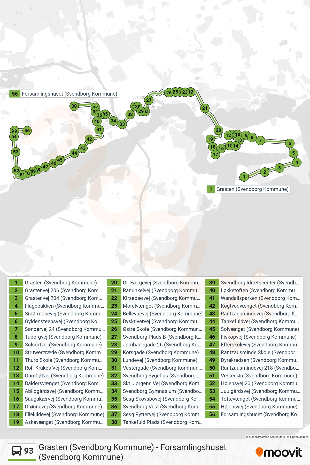 93 bus Linje (Egense) rute og stop på et kort
