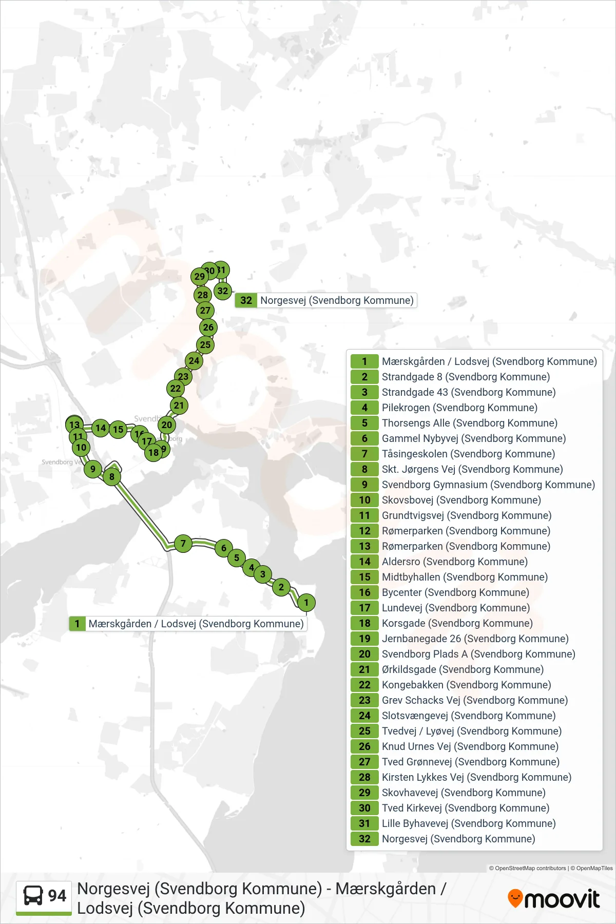 94 bus Linje (Tved) rute og stop på et kort