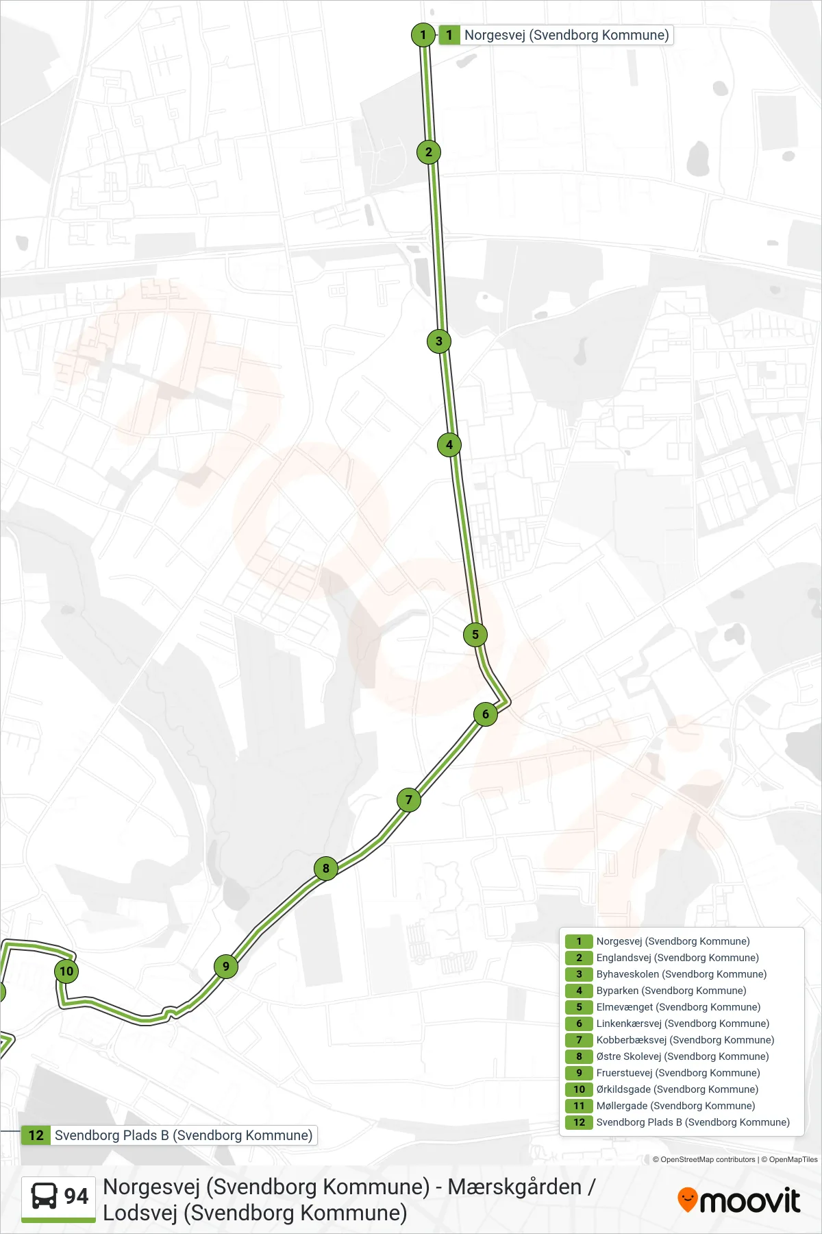 94 bus Linje (Banegården) rute og stop på et kort
