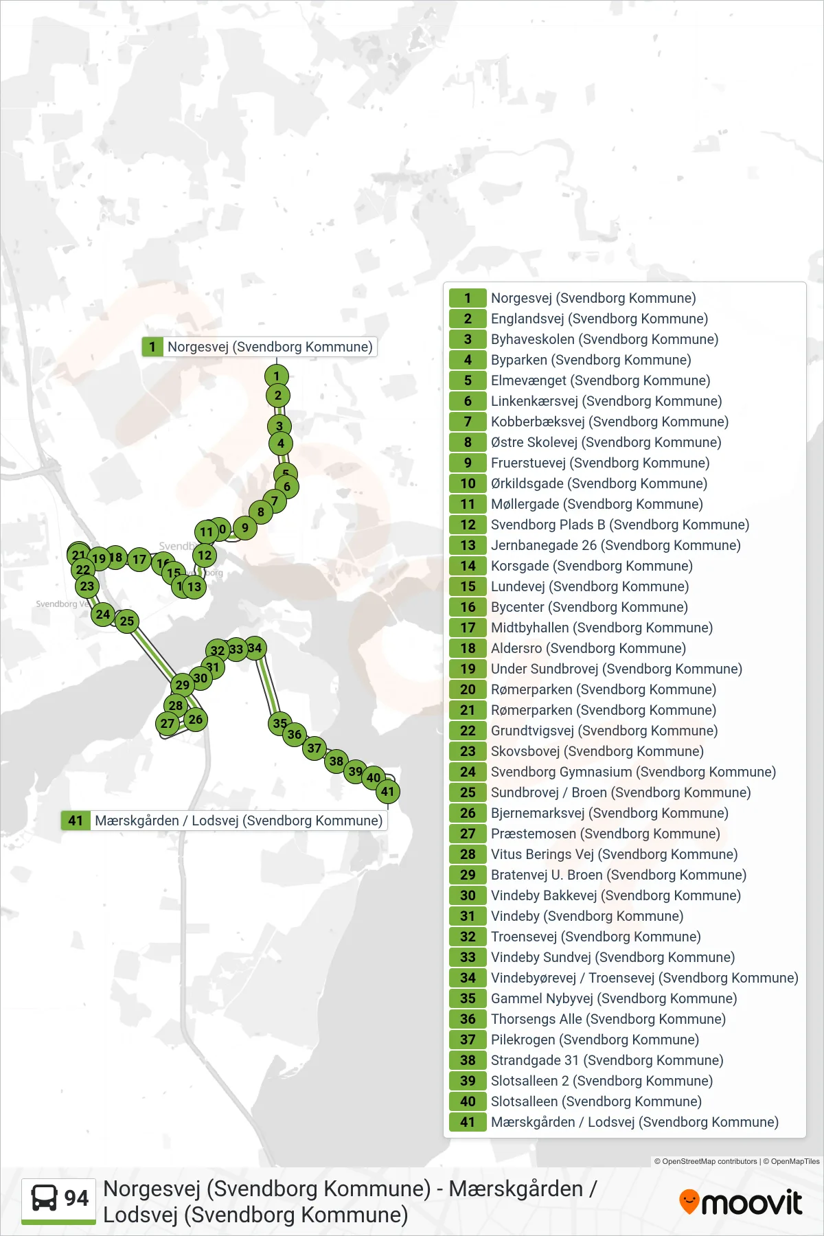 94 bus Linje (Mærskgården) rute og stop på et kort