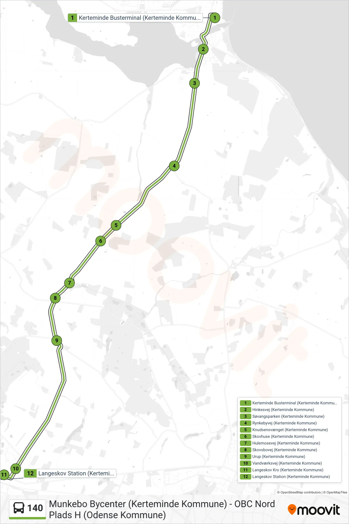 140 bus Linje (Langeskov) rute og stop på et kort