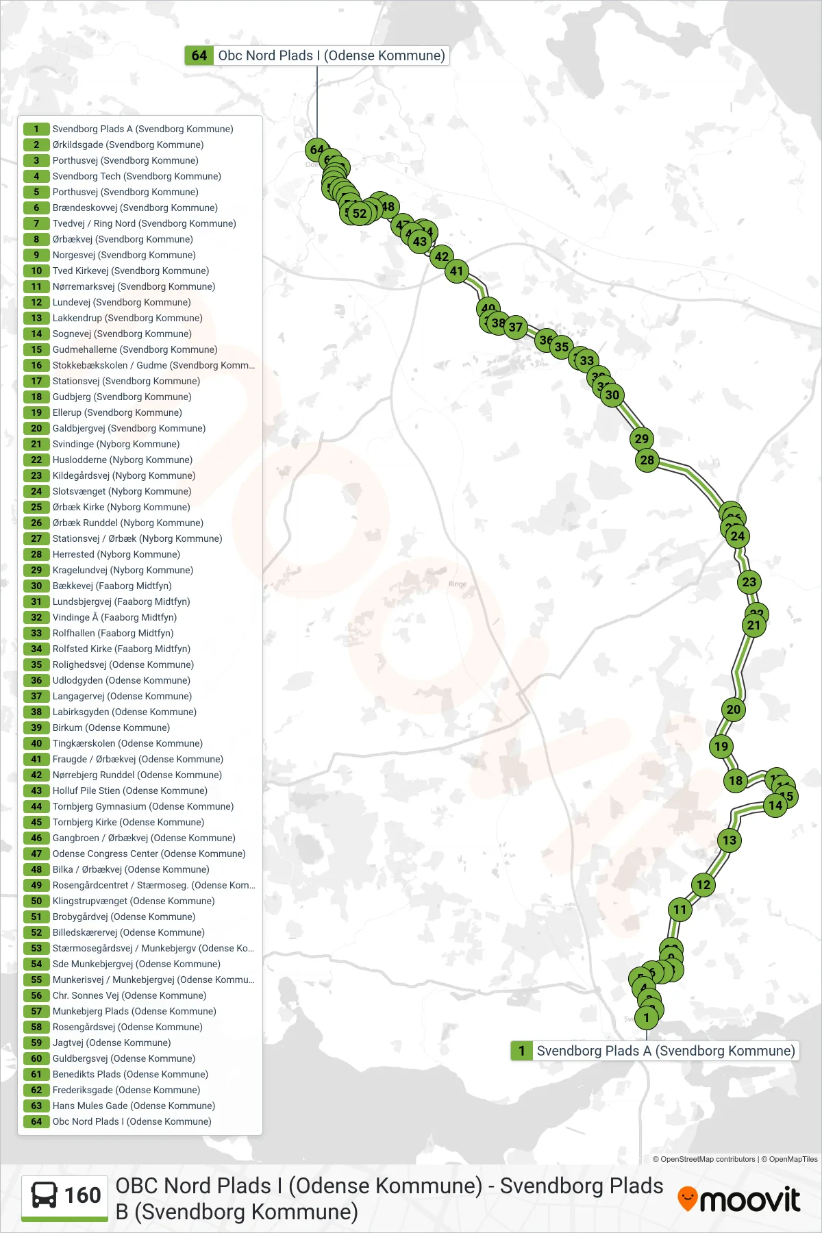 160 bus Linje (Odense) rute og stop på et kort