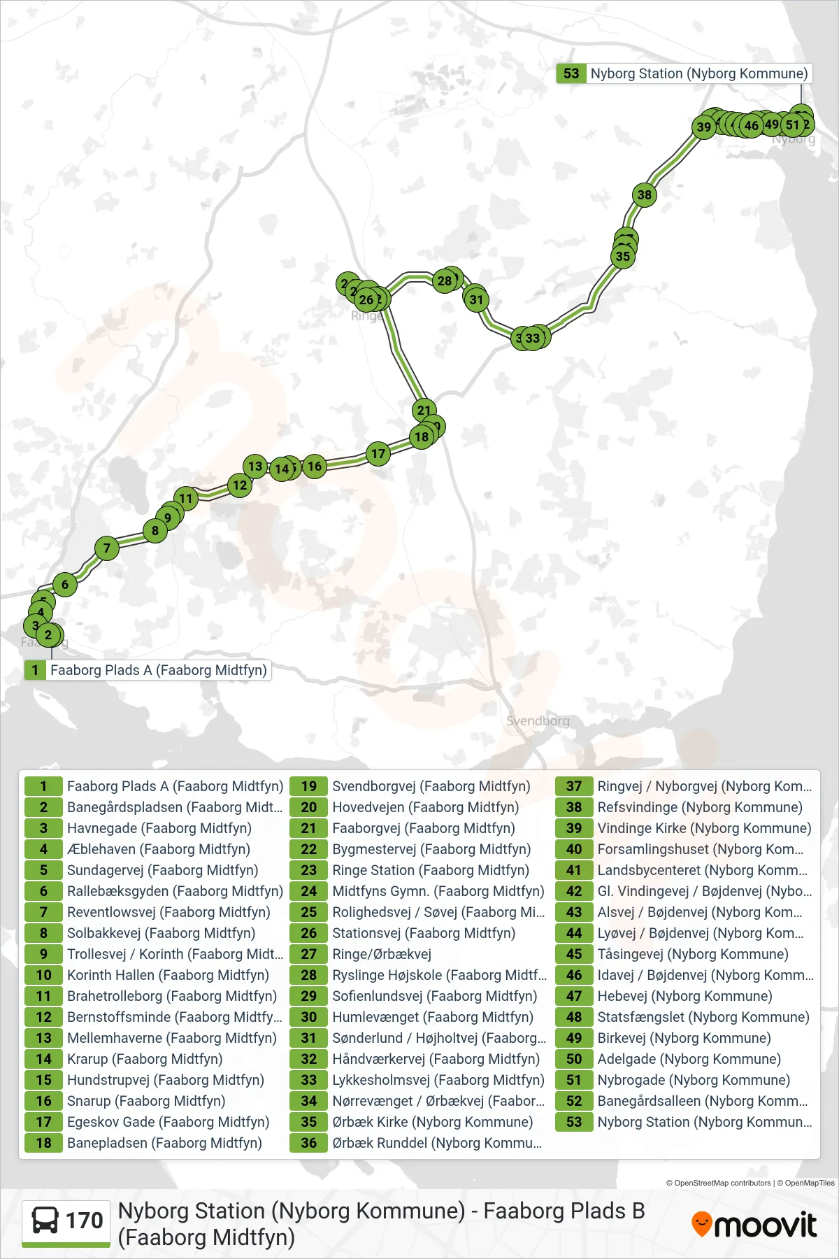 170 bus Linje (Nyborg) rute og stop på et kort