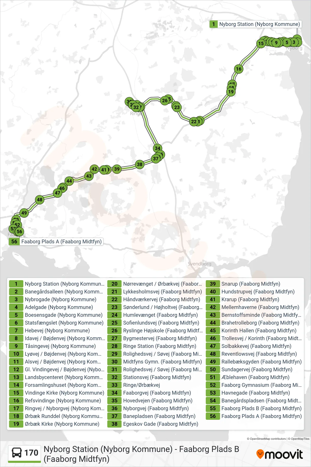 170 bus Linje (Faaborg) rute og stop på et kort