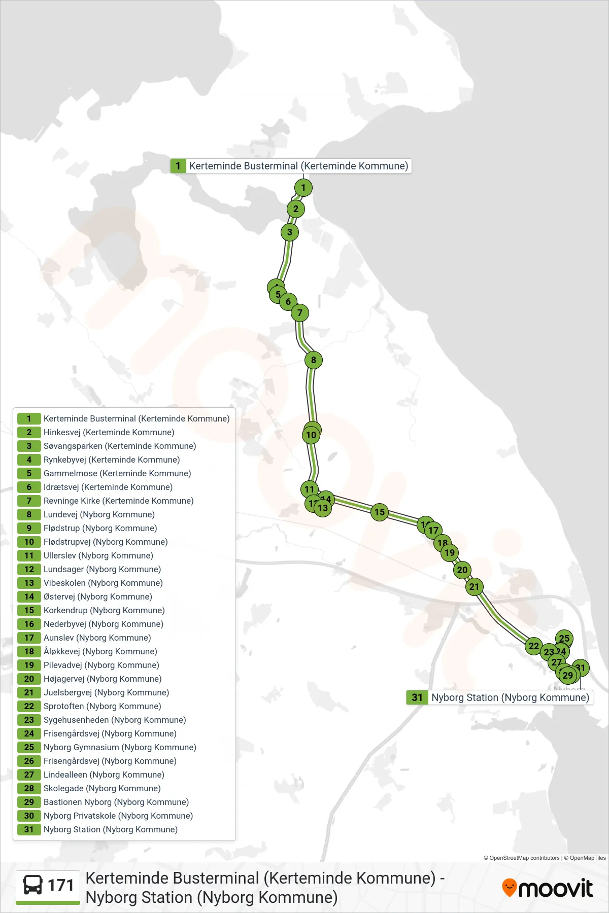171 bus Linje (Nyborg) rute og stop på et kort