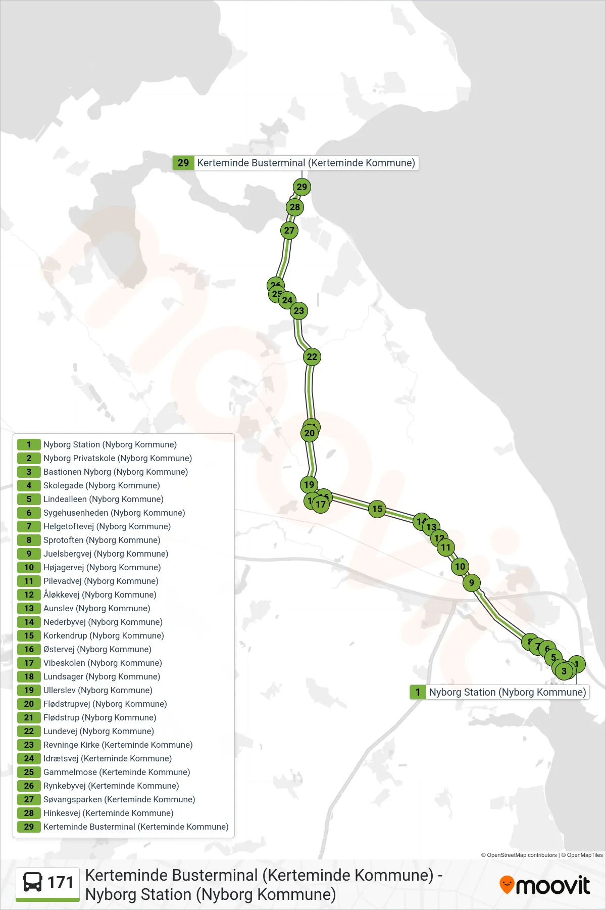 171 bus Linje (Kerteminde) rute og stop på et kort