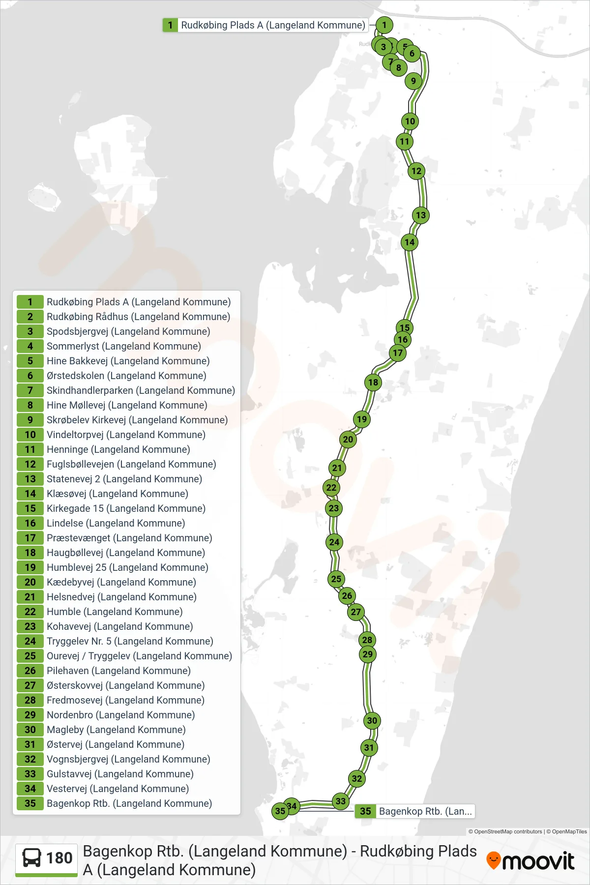 180 bus Linje (Bagenkop) rute og stop på et kort