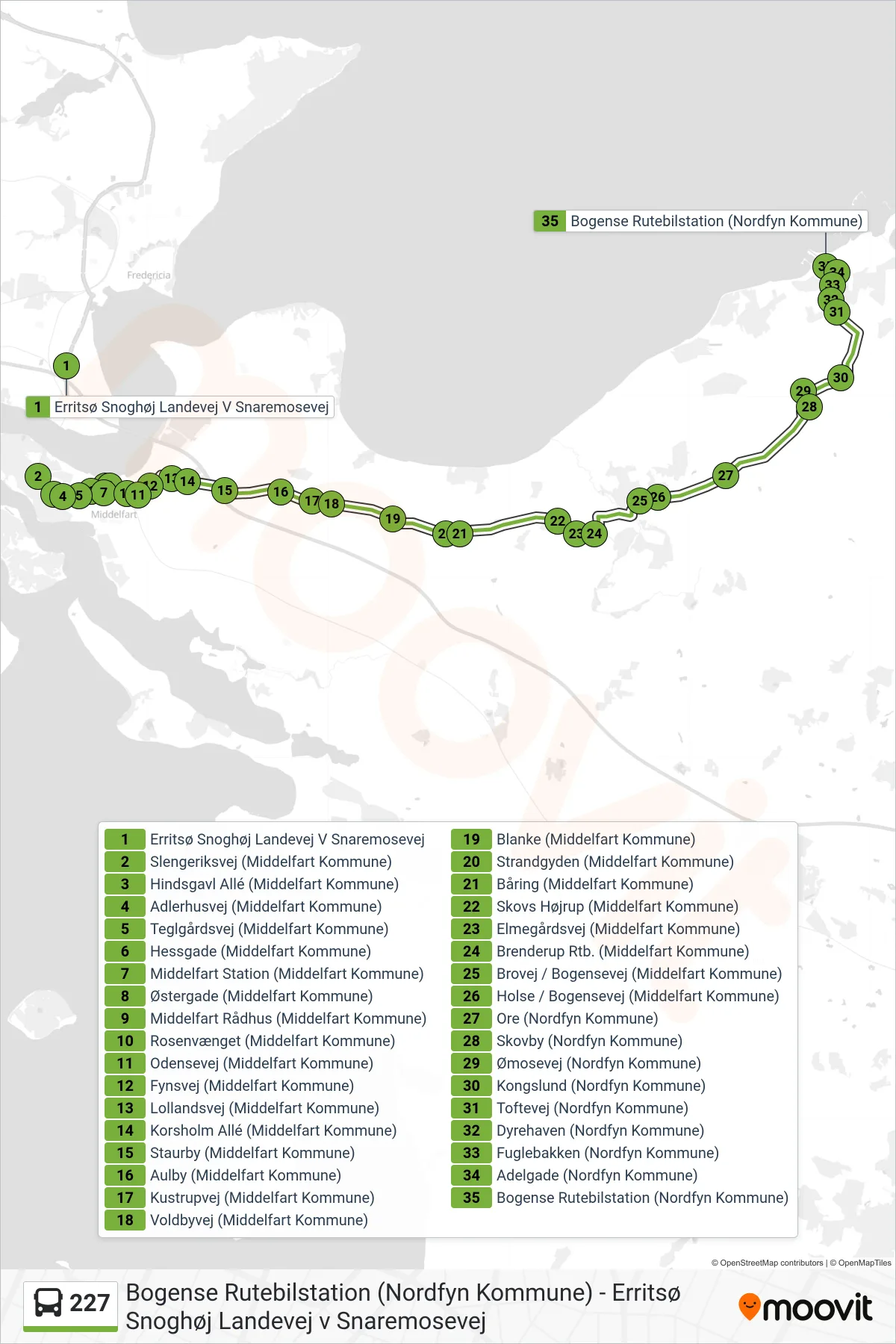 227 bus Linje (Bogense) rute og stop på et kort