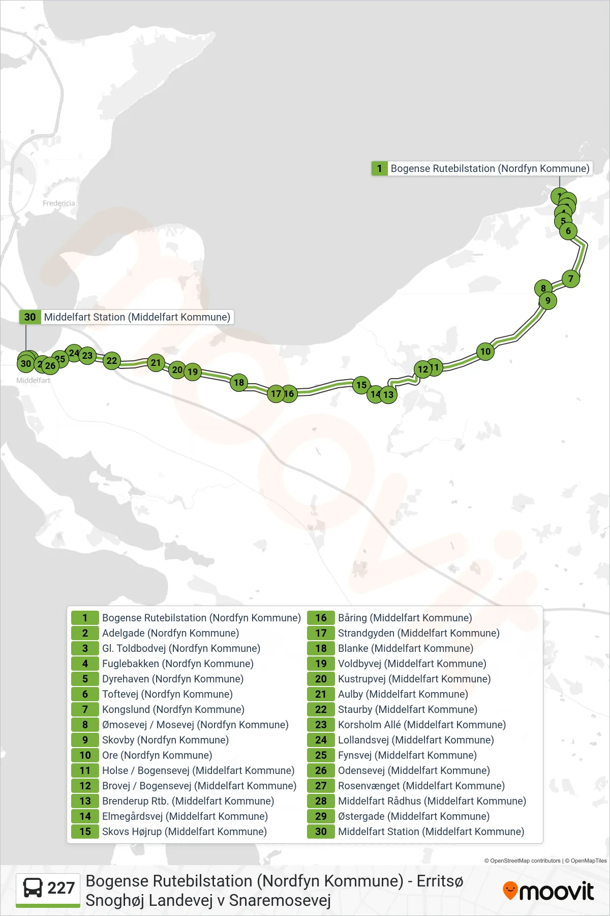 227 bus Linje (Middelfart) rute og stop på et kort