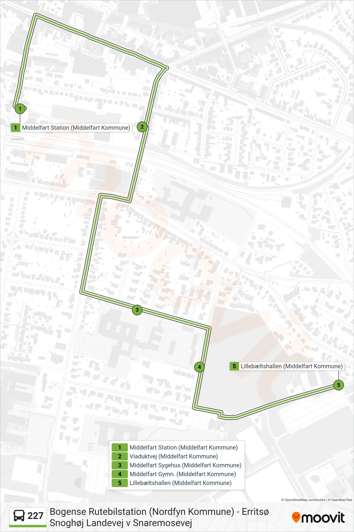 227 bus Linje (Middelfart Gymnasium) rute og stop på et kort