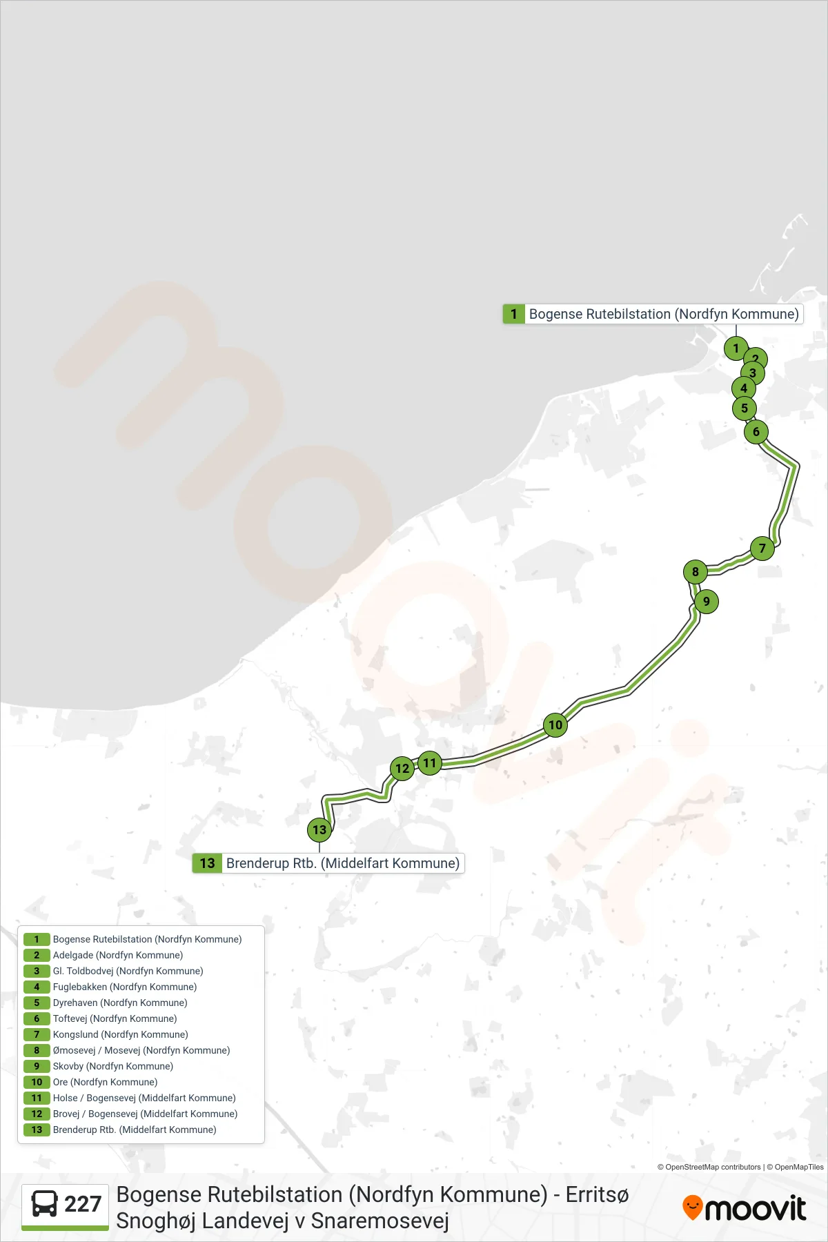 227 bus Linje (Brenderup) rute og stop på et kort