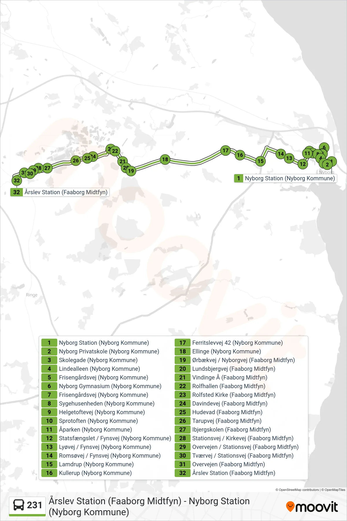231 bus Linje (Årslev) rute og stop på et kort