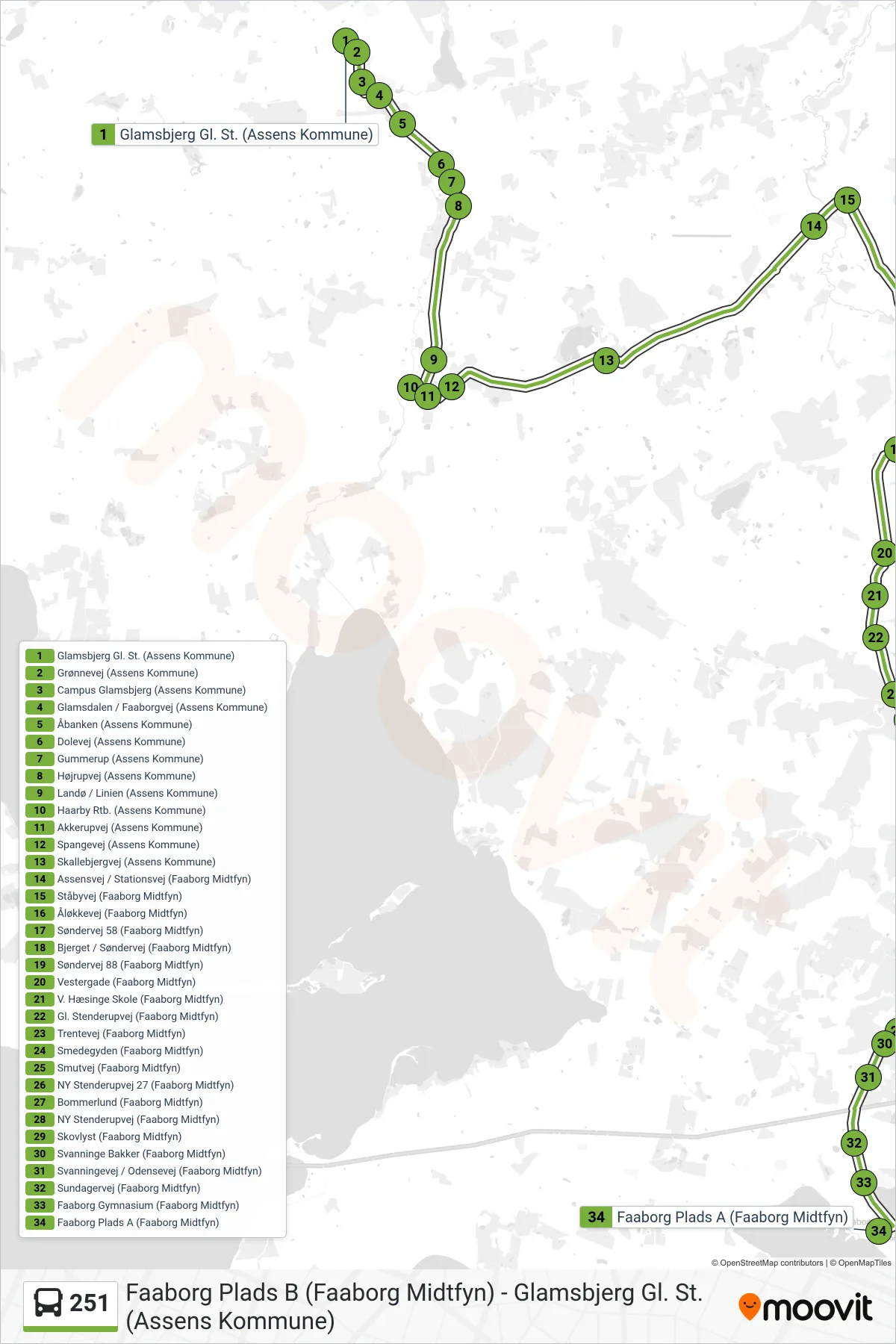 251 bus Linje (Faaborg) rute og stop på et kort
