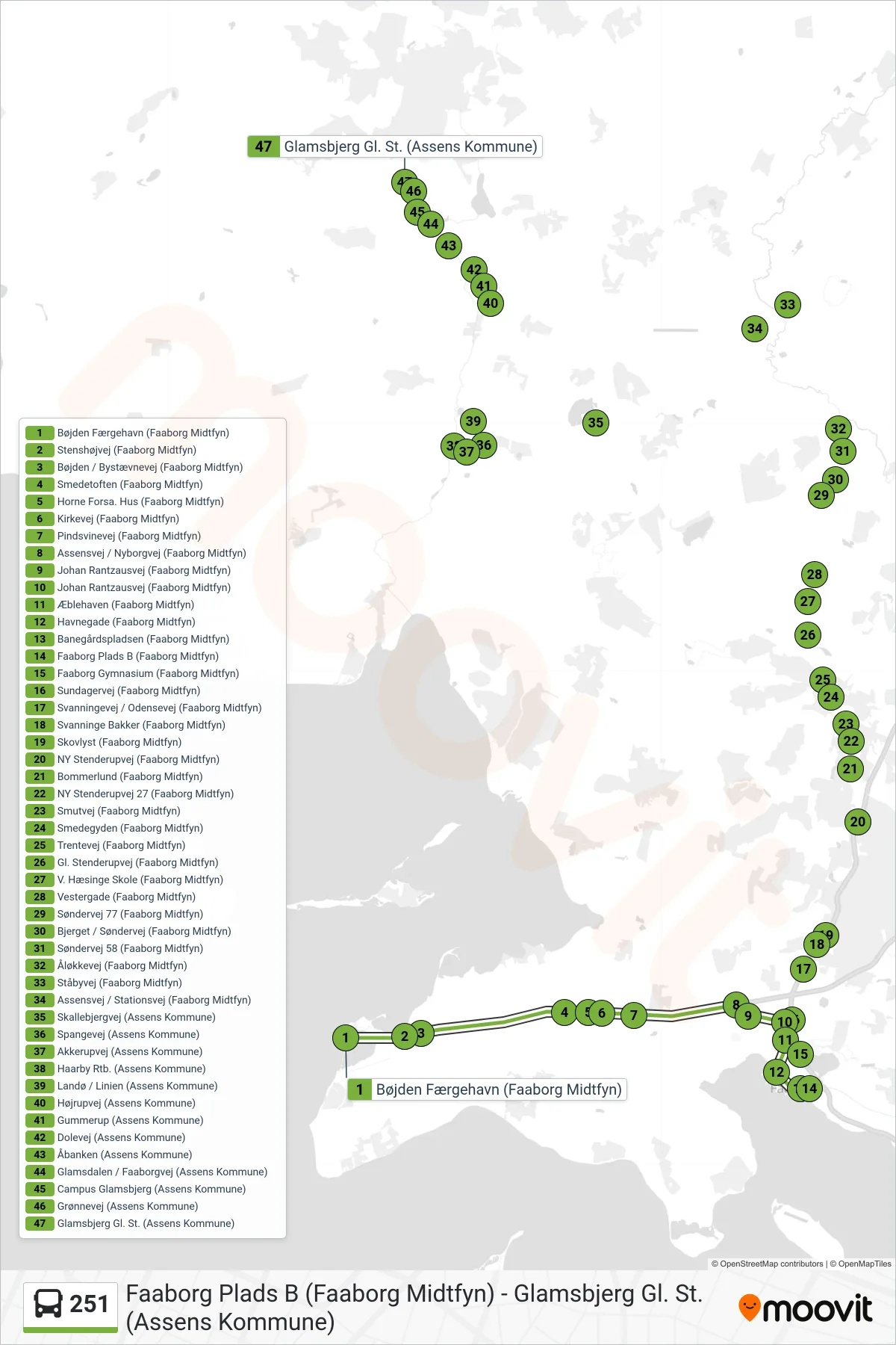 251 bus Linje (Campus Glamsbjerg) rute og stop på et kort