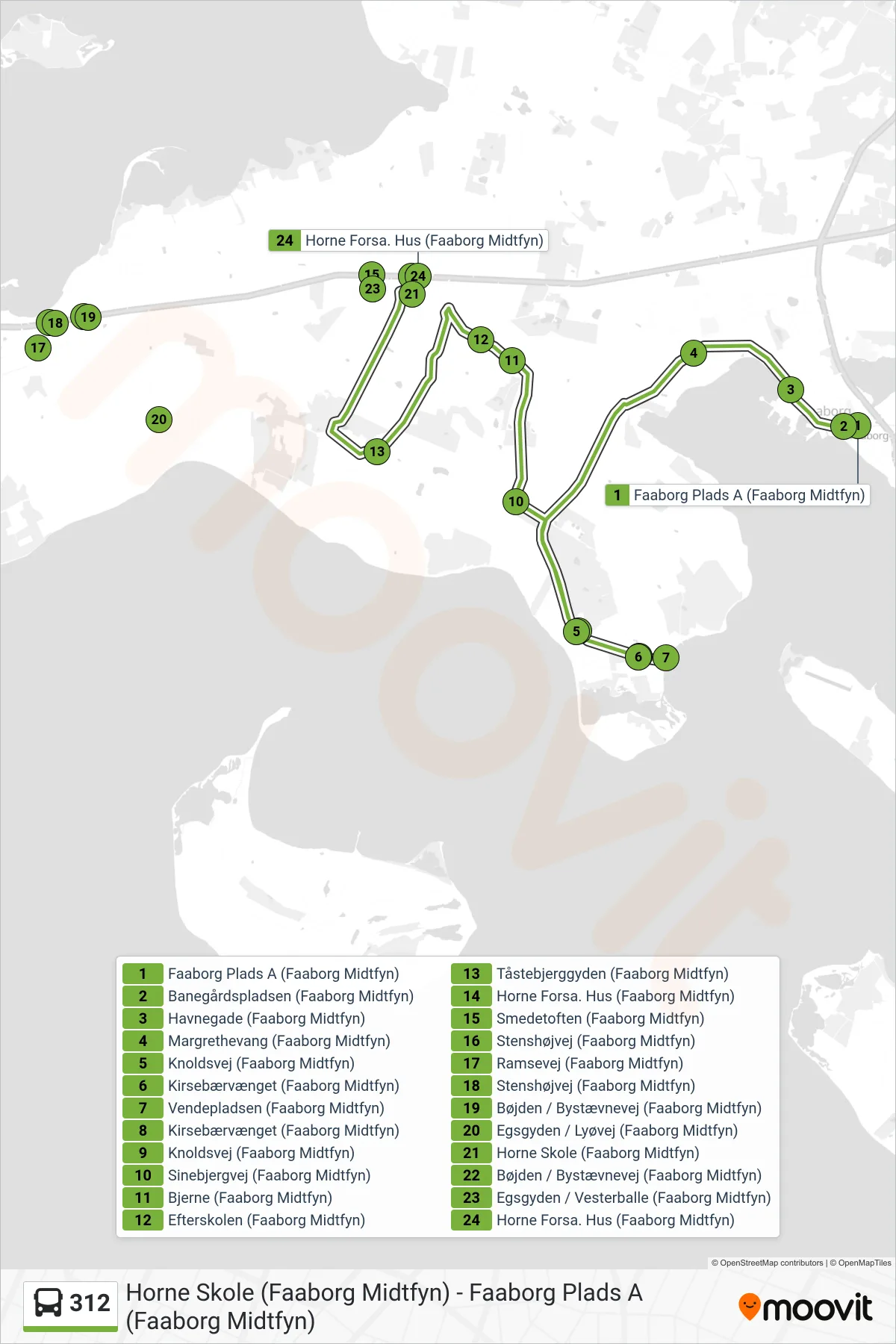 312 bus Linje (Horne Skole) rute og stop på et kort