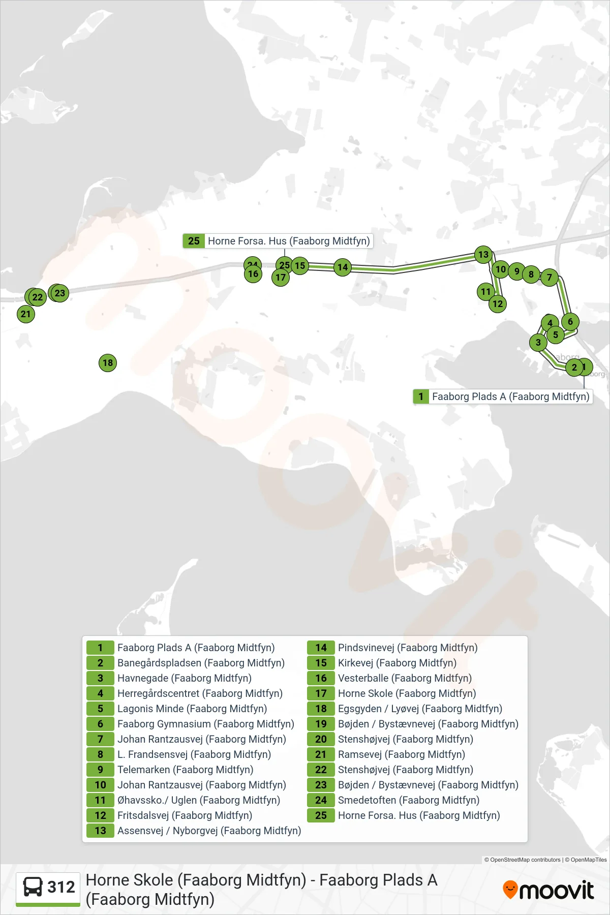 312 bus Linje (Horne Skole) rute og stop på et kort