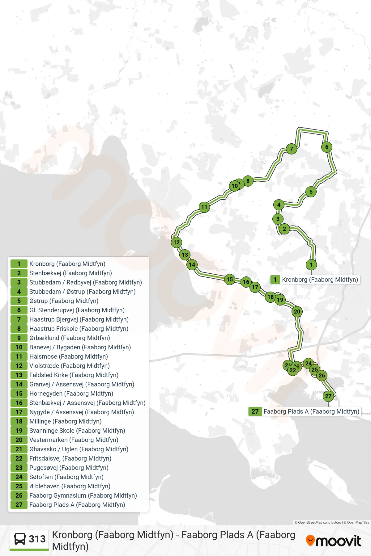 313 bus Linje (Faaborg) rute og stop på et kort