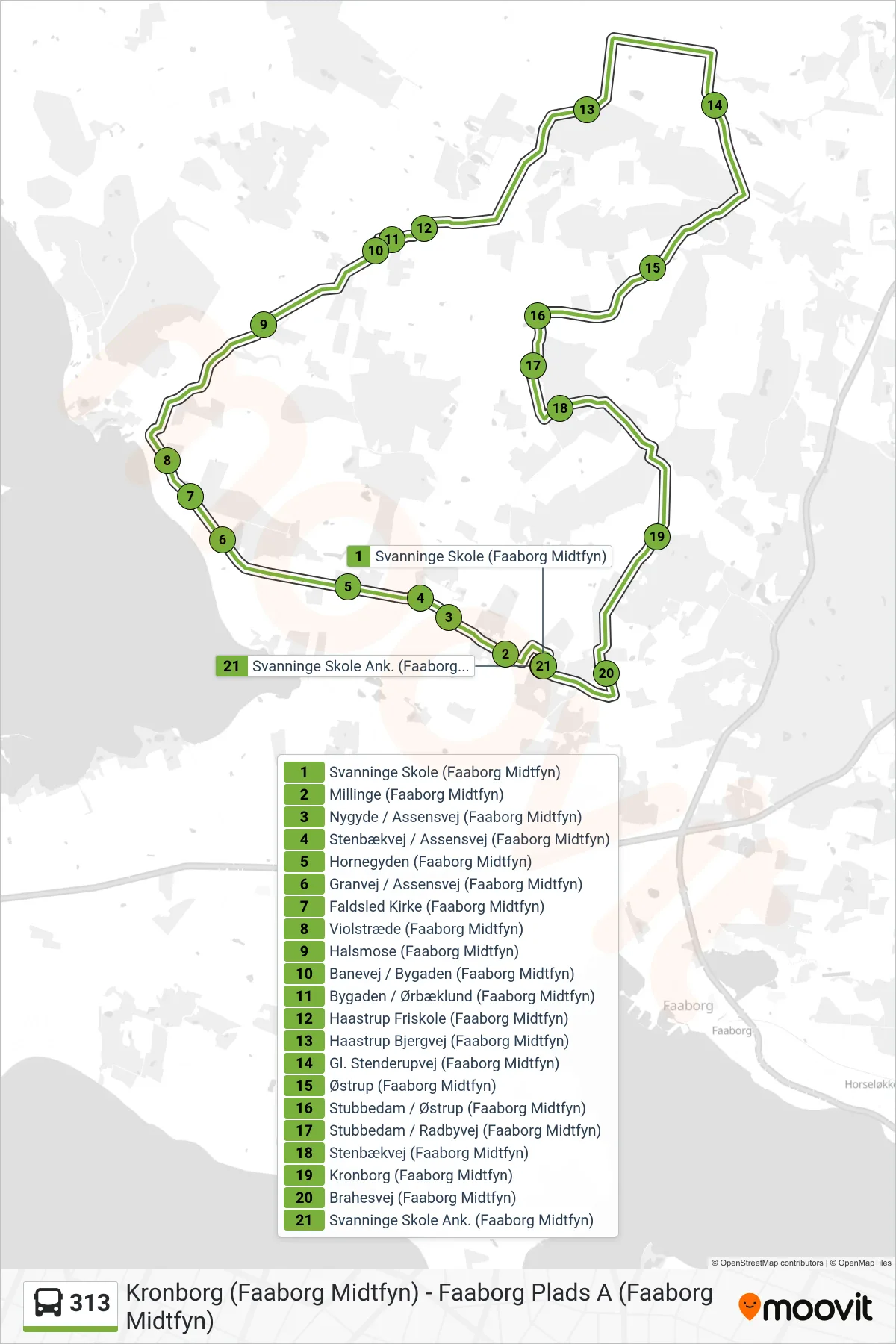 313 bus Linje (Svanninge) rute og stop på et kort