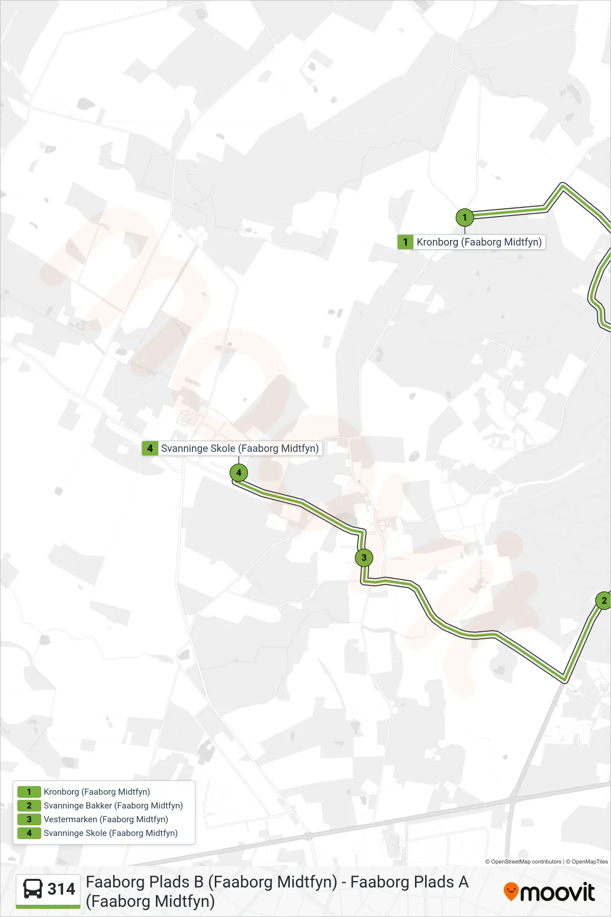 314 bus Linje (Svanninge) rute og stop på et kort