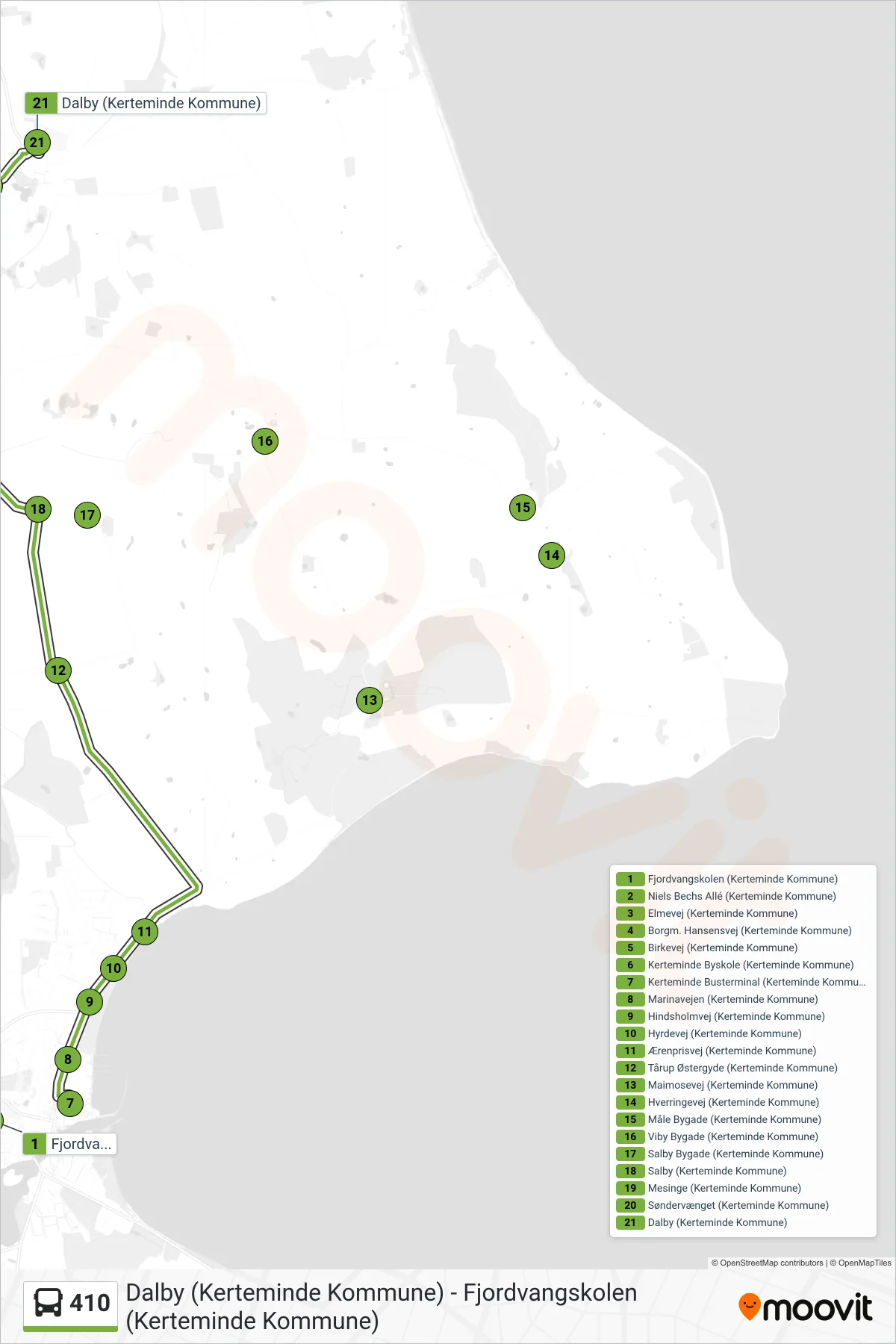 410 bus Linje (Dalby) rute og stop på et kort