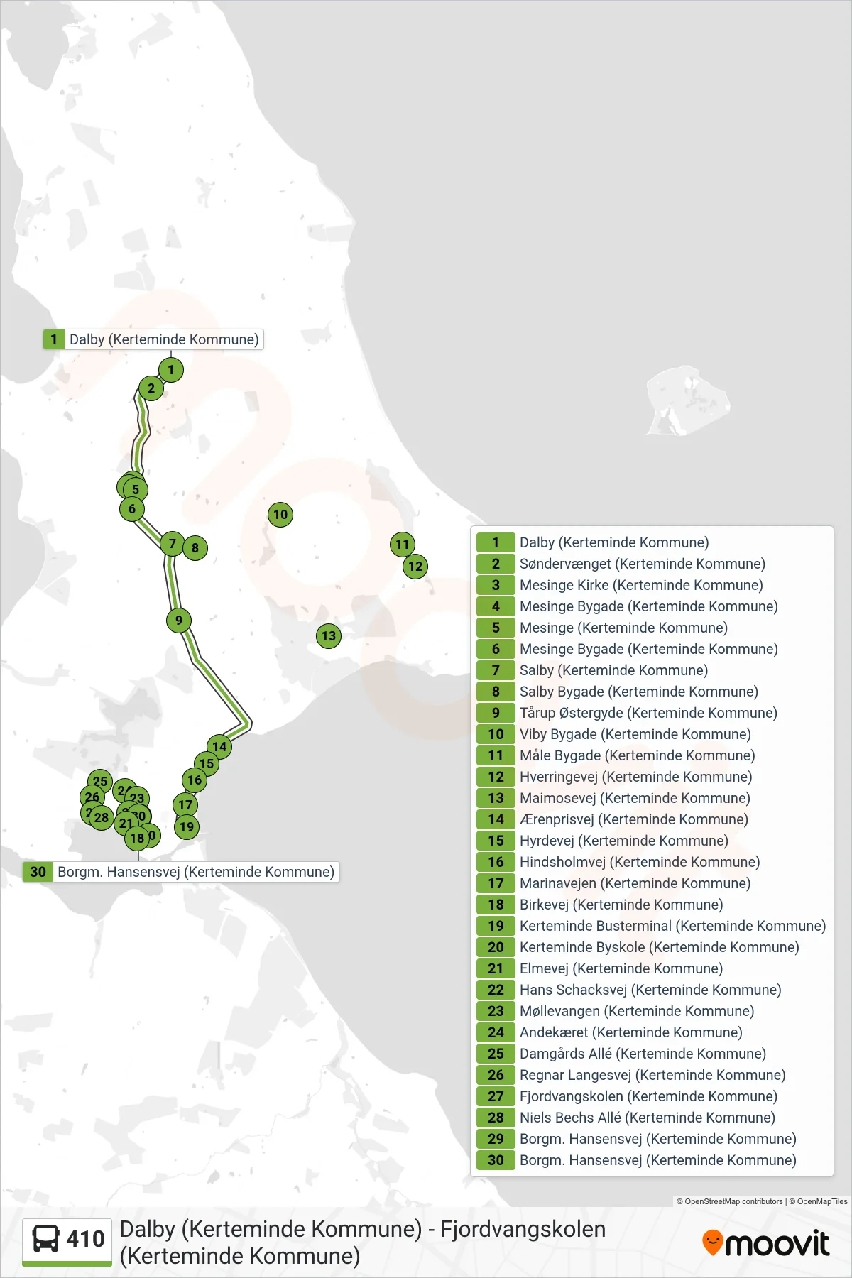 410 bus Linje (Kerteminde) rute og stop på et kort