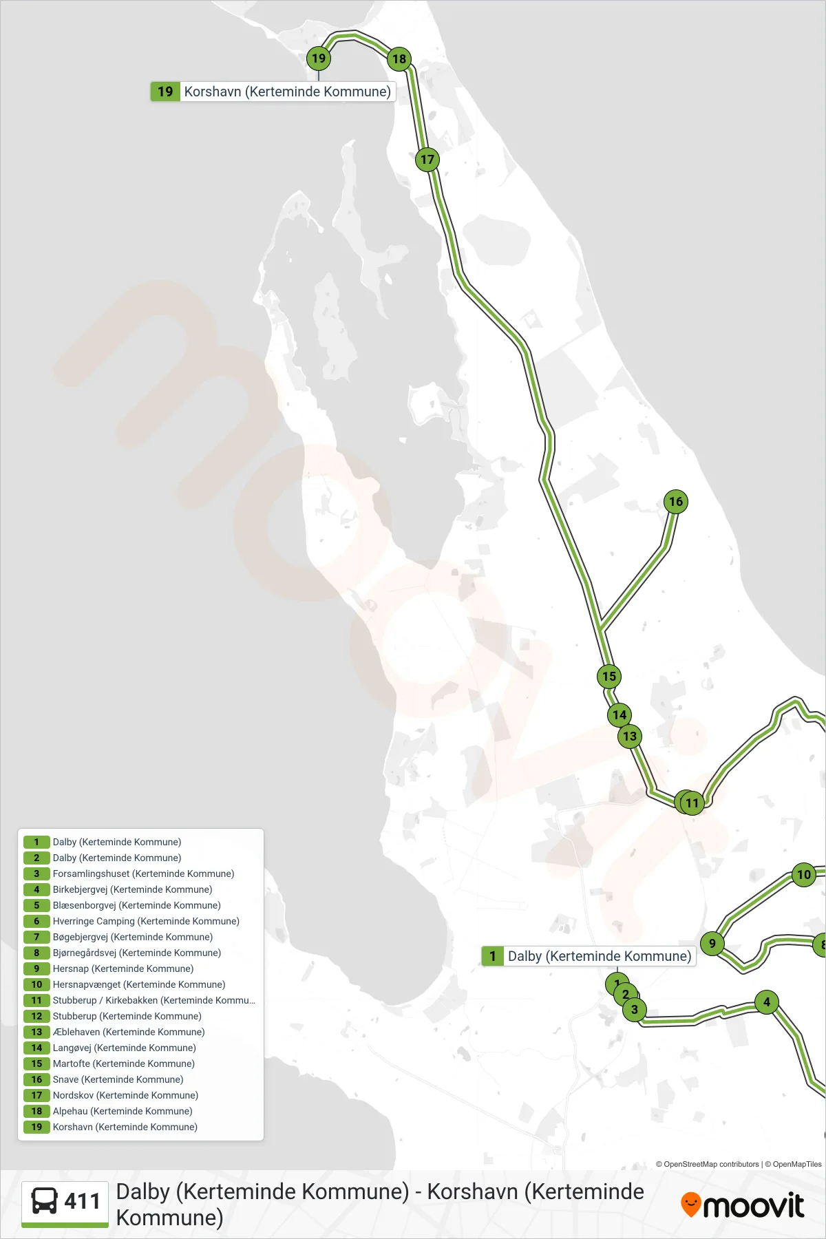 411 bus Linje (Korshavn) rute og stop på et kort