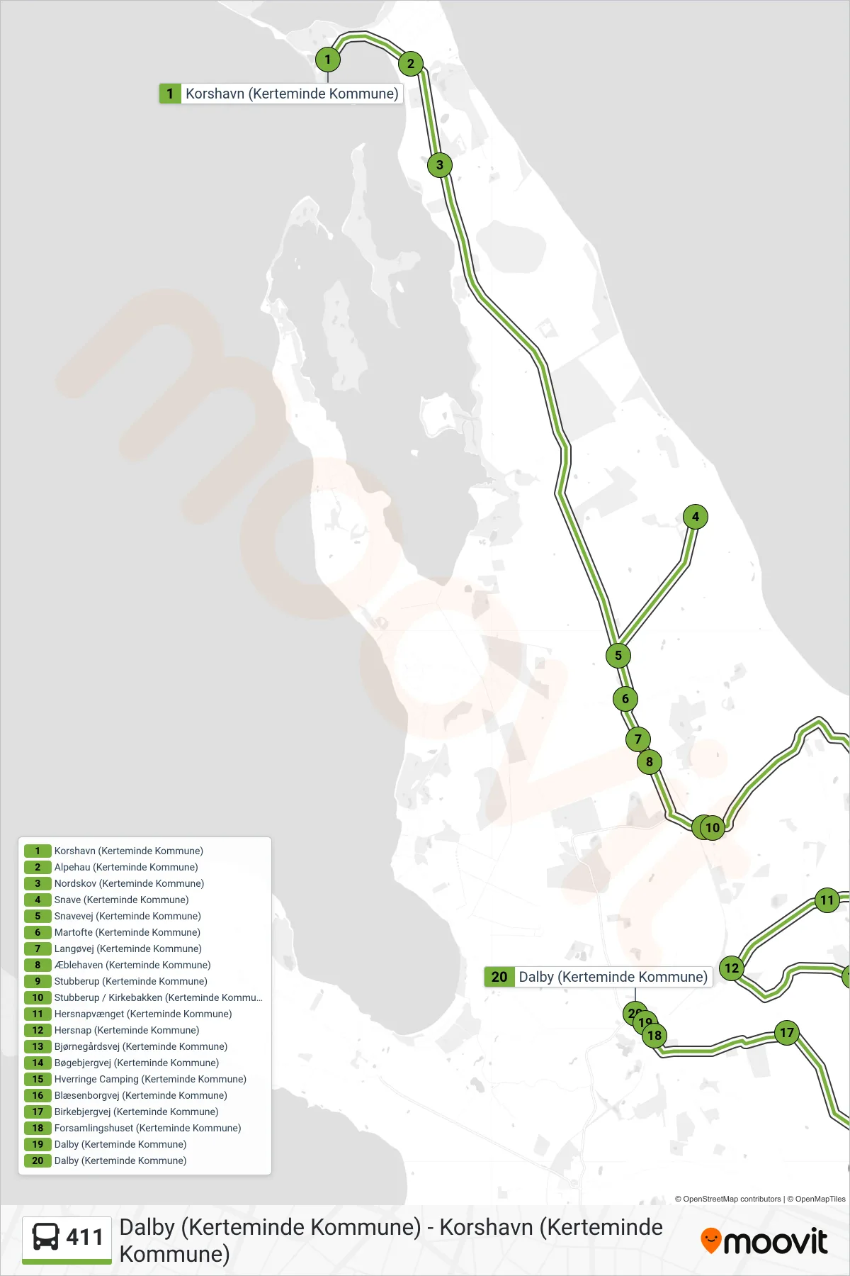 411 bus Linje (Dalby) rute og stop på et kort