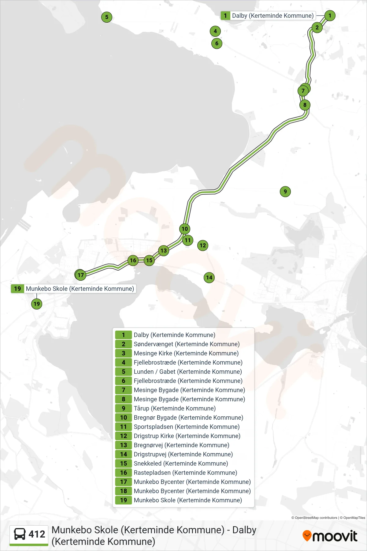 412 bus Linje (Munkebo) rute og stop på et kort