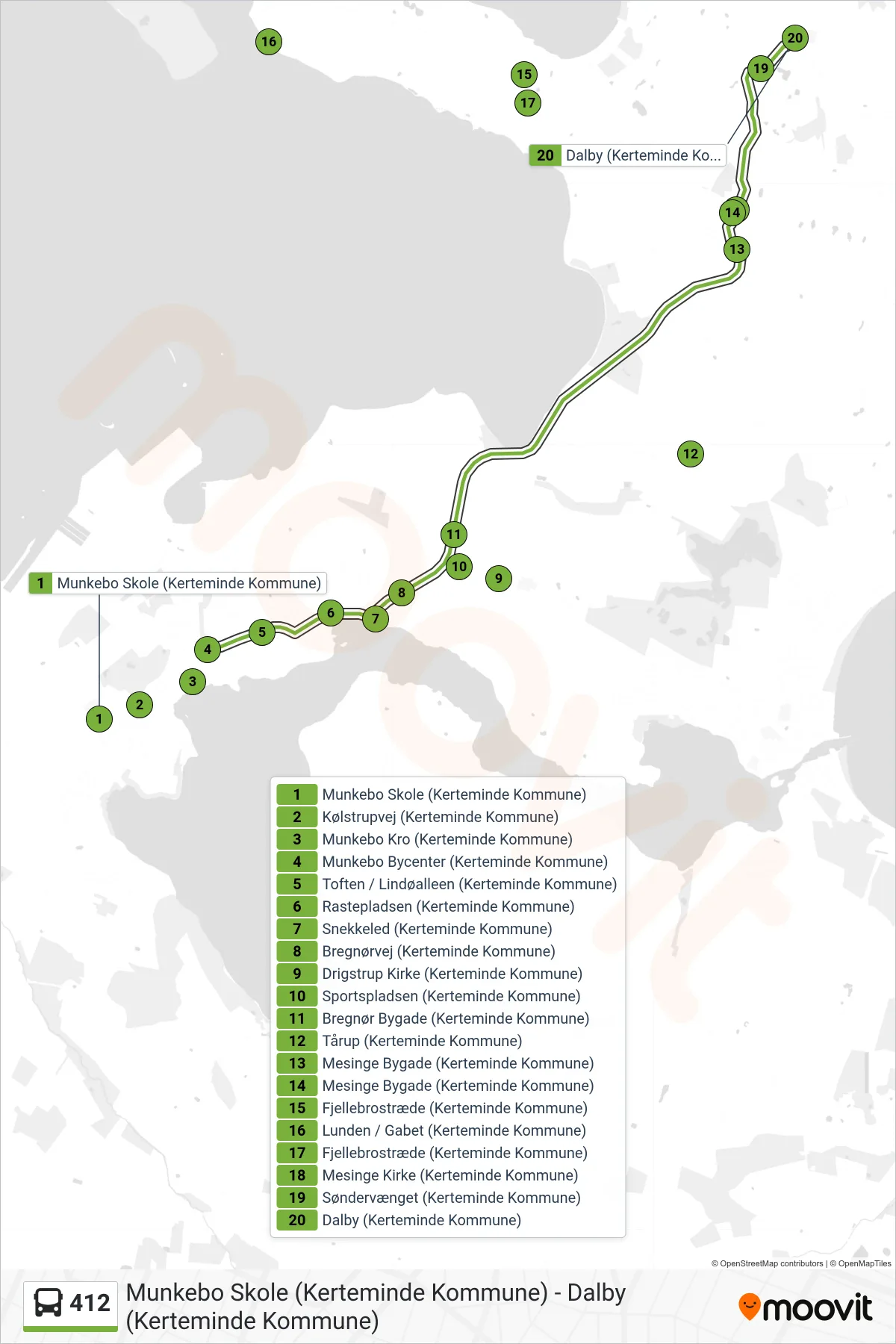 412 bus Linje (Dalby) rute og stop på et kort