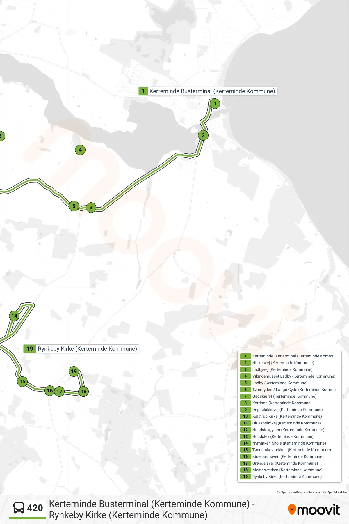 420 bus Linje (Rynkeby) rute og stop på et kort