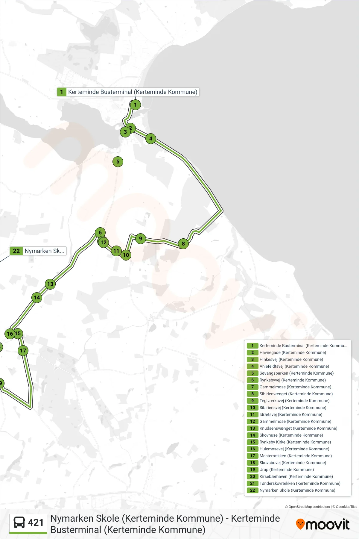 421 bus Linje (Nymarksskolen) rute og stop på et kort
