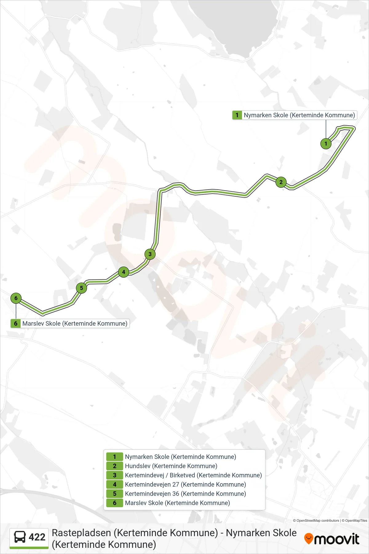 422 bus Linje (Marslev) rute og stop på et kort