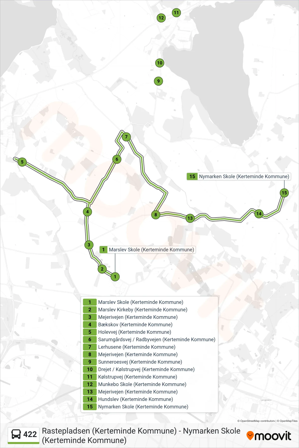 422 bus Line (Nymarksskolen) route and stops on a map