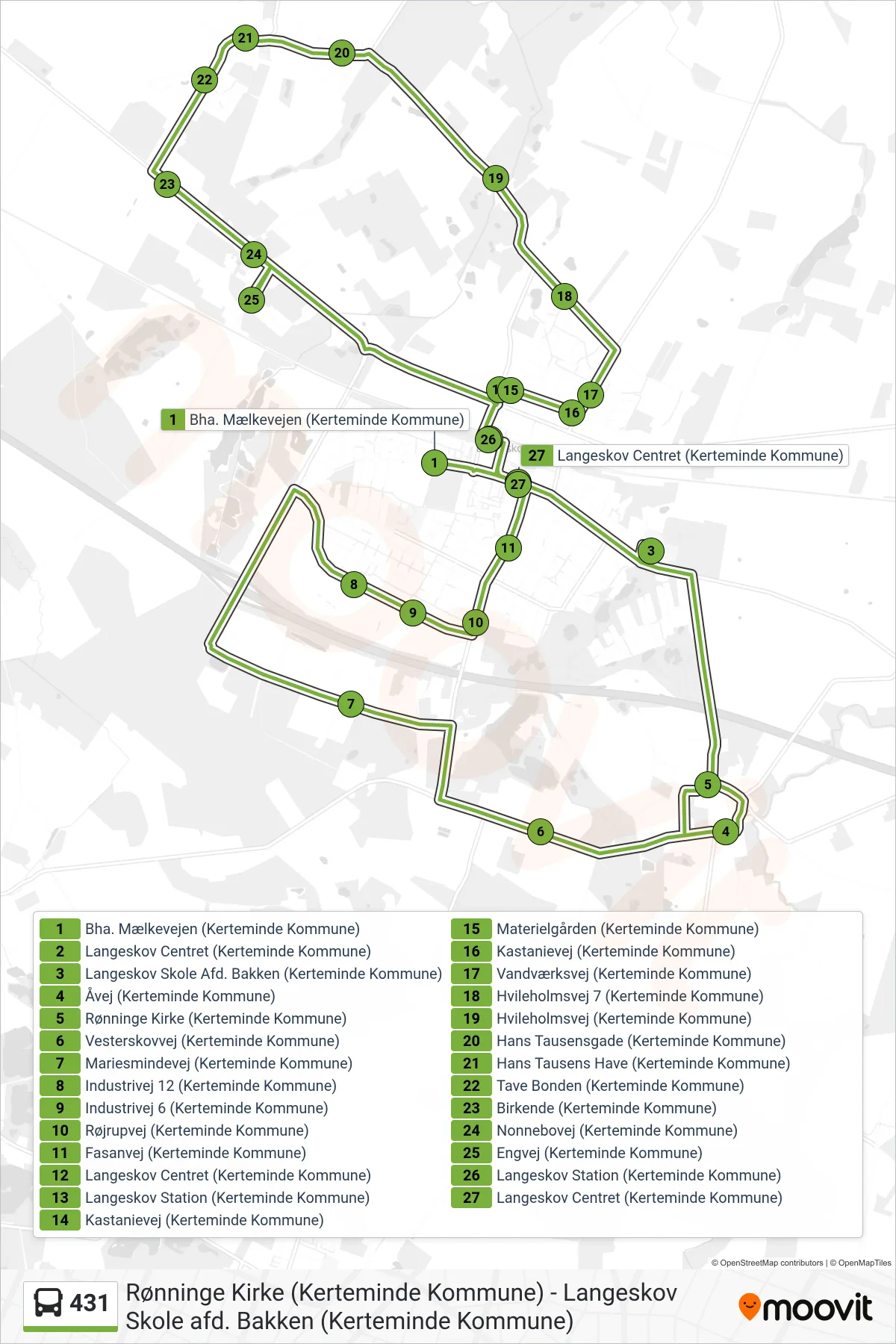 431 bus Linje (Langeskov) rute og stop på et kort