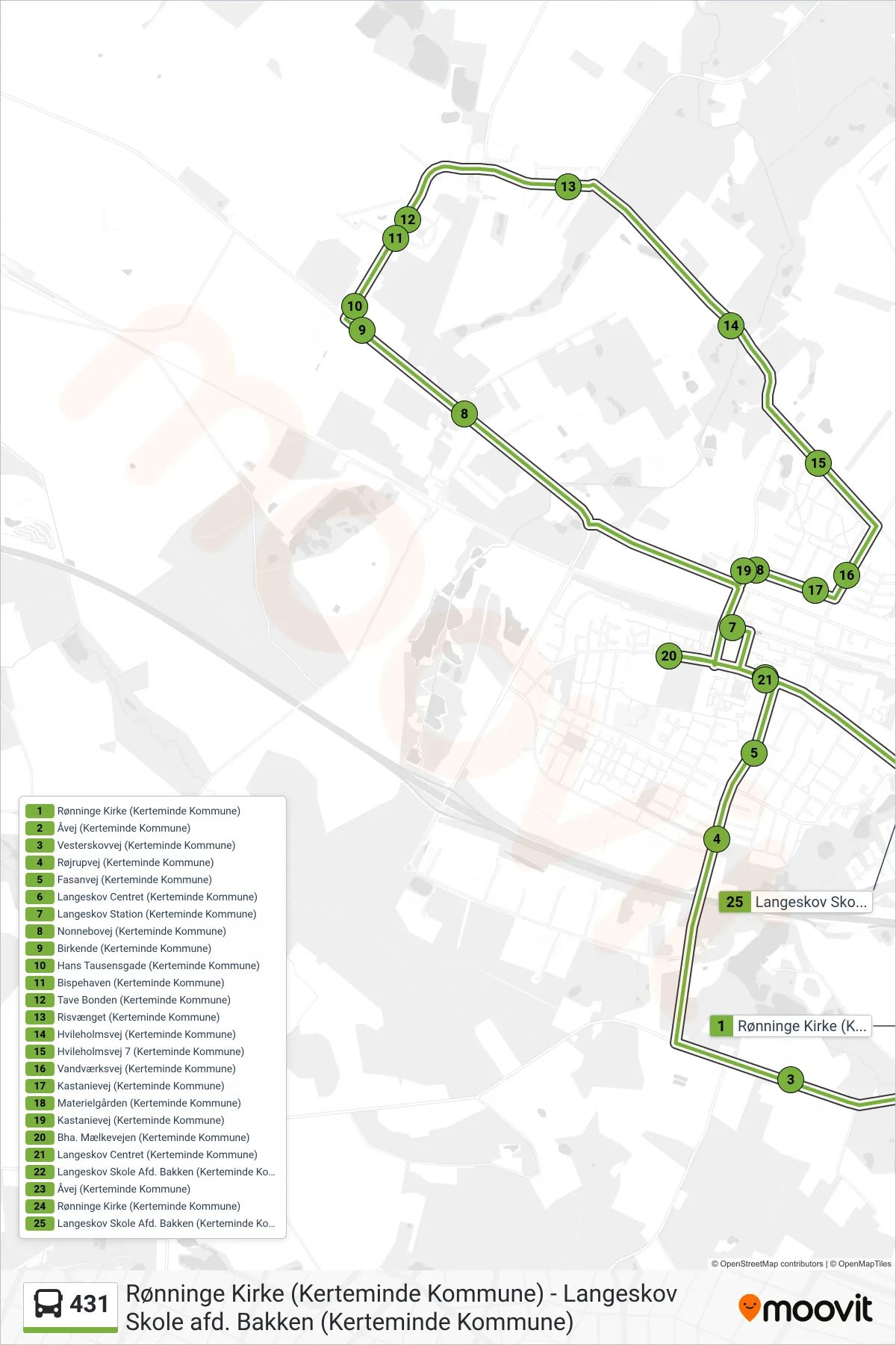 431 bus Linje (Langeskov) rute og stop på et kort